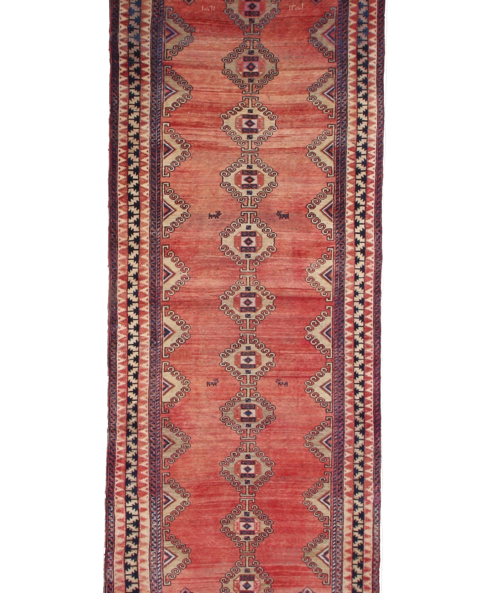 Persian Luri Runner, top view on white background, hand-knotted wool with red colouring. SKU RR 32252.