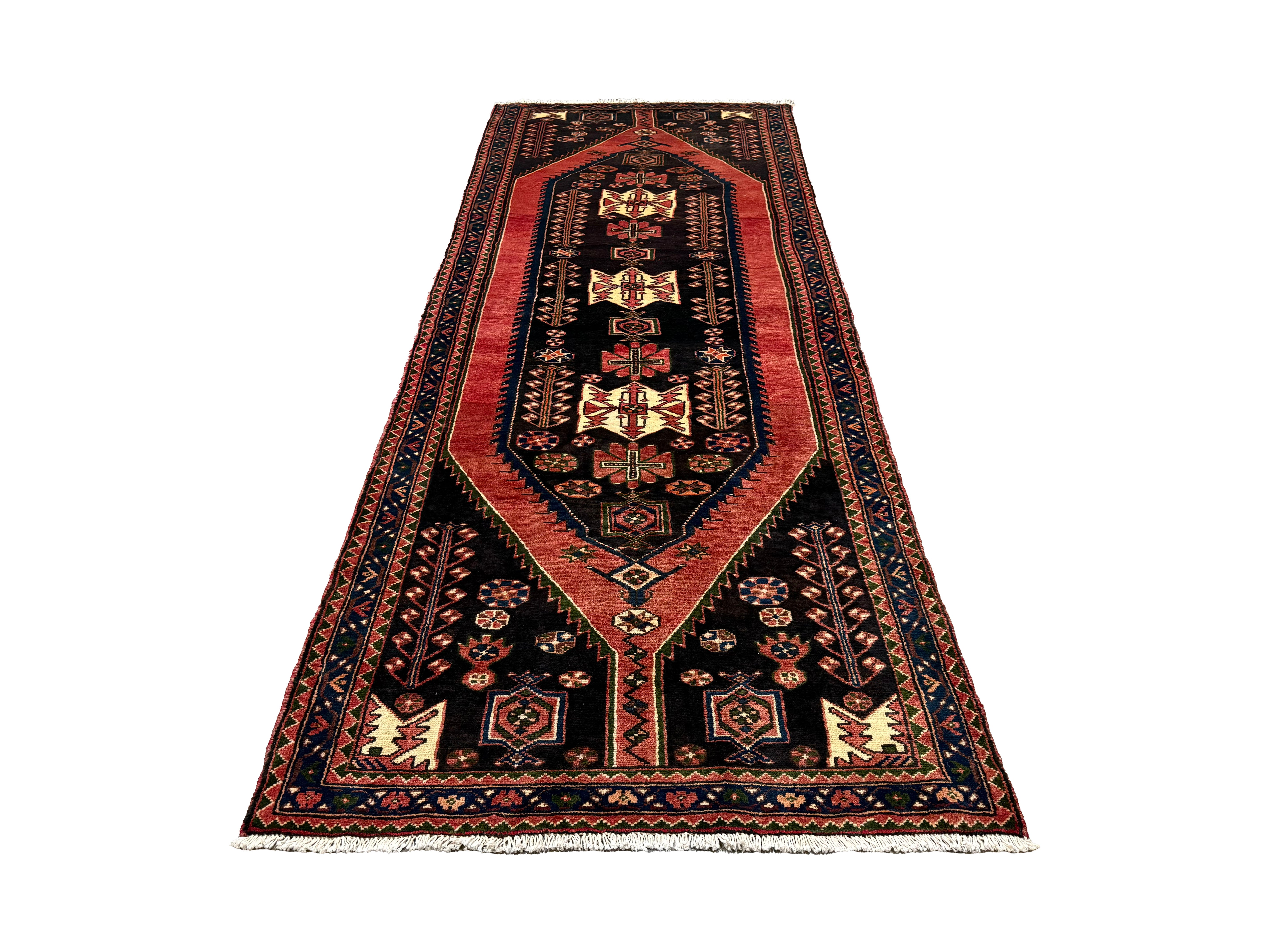 Persian Saveh Runner, lengthwise view, hand-knotted wool with red colouring. SKU RR 32282.