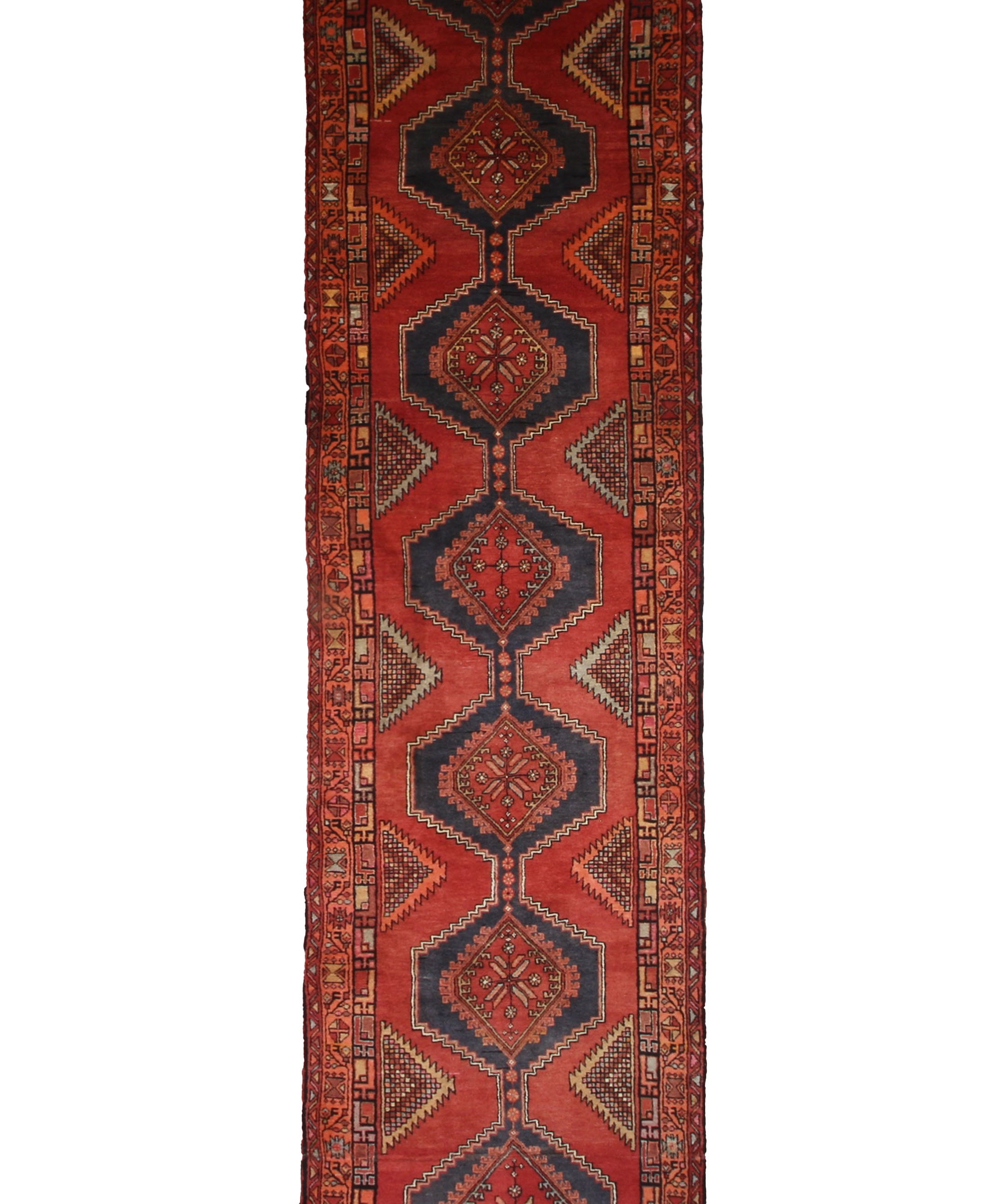Vintage Sarab Runner, top view on white background, hand-knotted wool pile. SKU RR 32321.