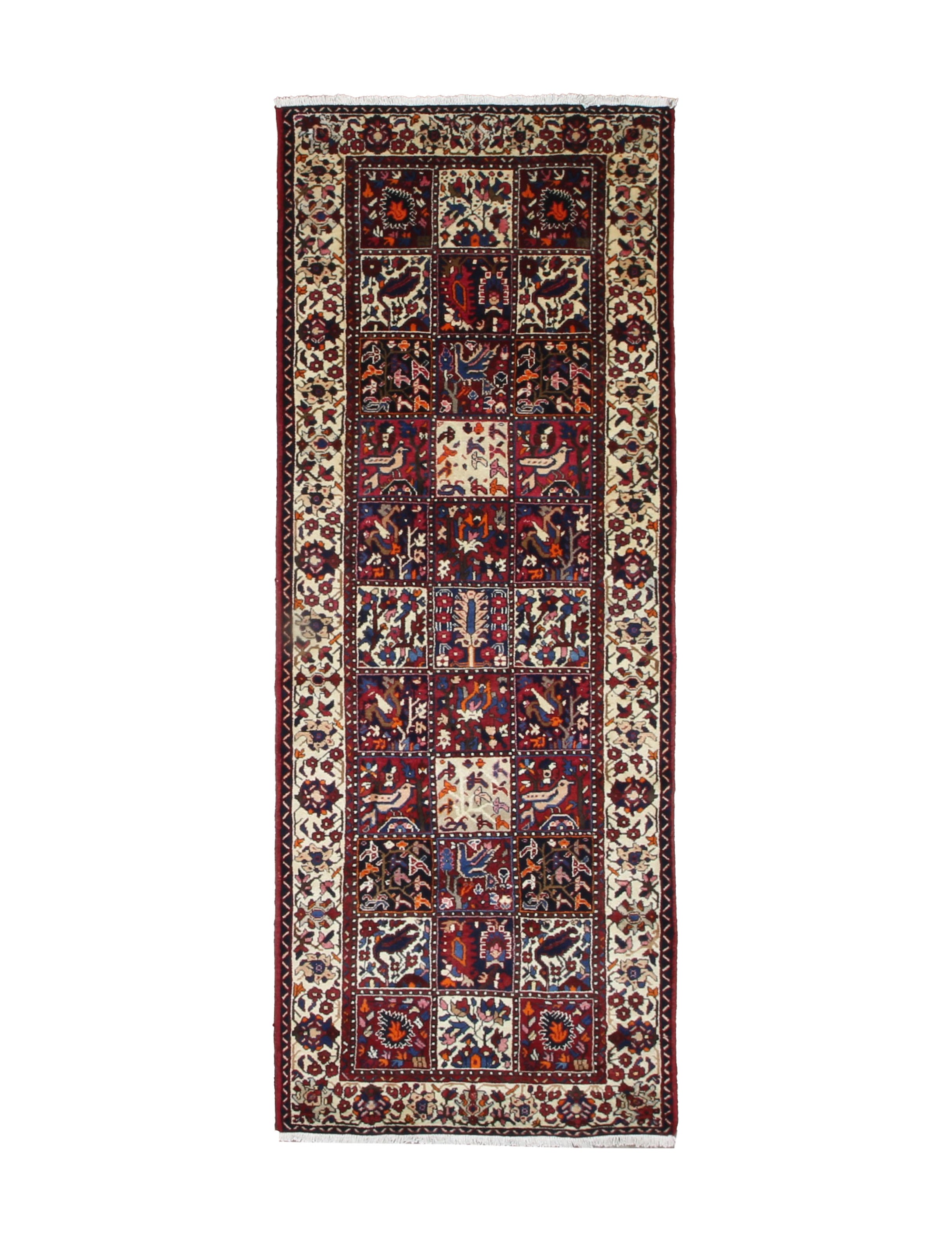 Persian Chaleshtor Bakhtiari Runner, top view on white background, hand-knotted wool pile. SKU RR 32333.