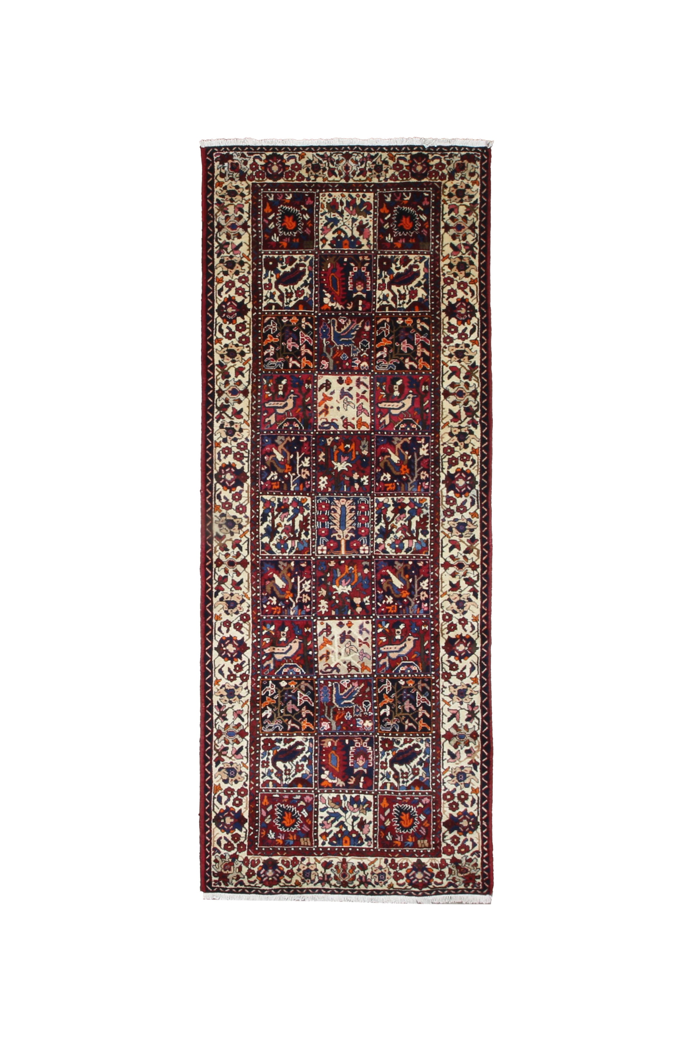 Persian Chaleshtor Bakhtiari Runner, top view on white background, hand-knotted wool pile. SKU RR 32333.