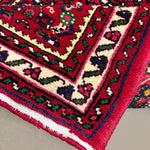 Persian Hosseinabad Hamadan Runner, corner and fringe detail, hand-knotted wool pile. SKU RR 32337.