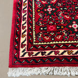 Persian Hosseinabad Hamadan Runner, border and fringe detail, hand-knotted wool pile. SKU RR 32337.