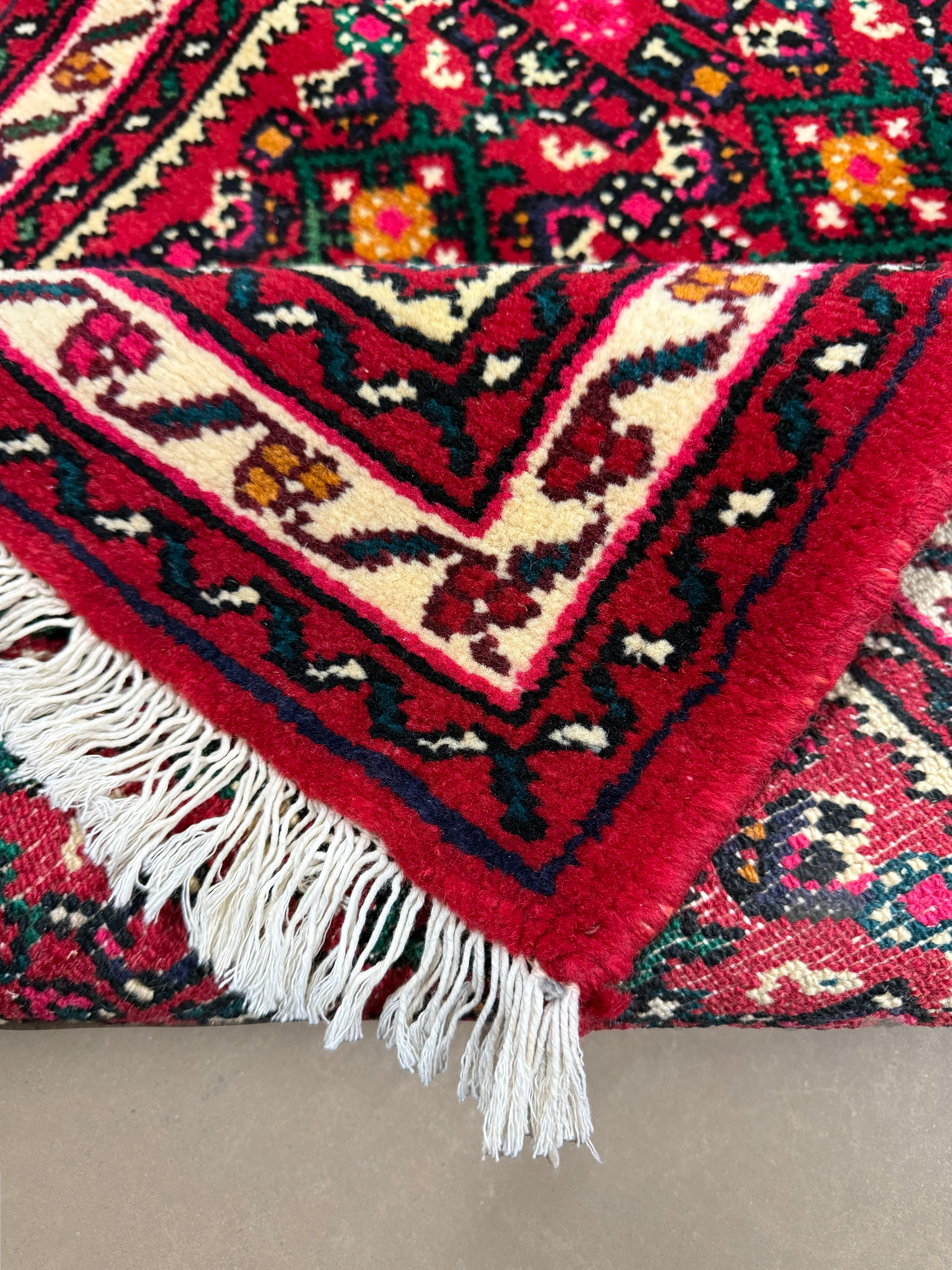 Persian Hosseinabad Hamadan Runner, corner and fringe detail, hand-knotted wool pile. SKU RR 32337.