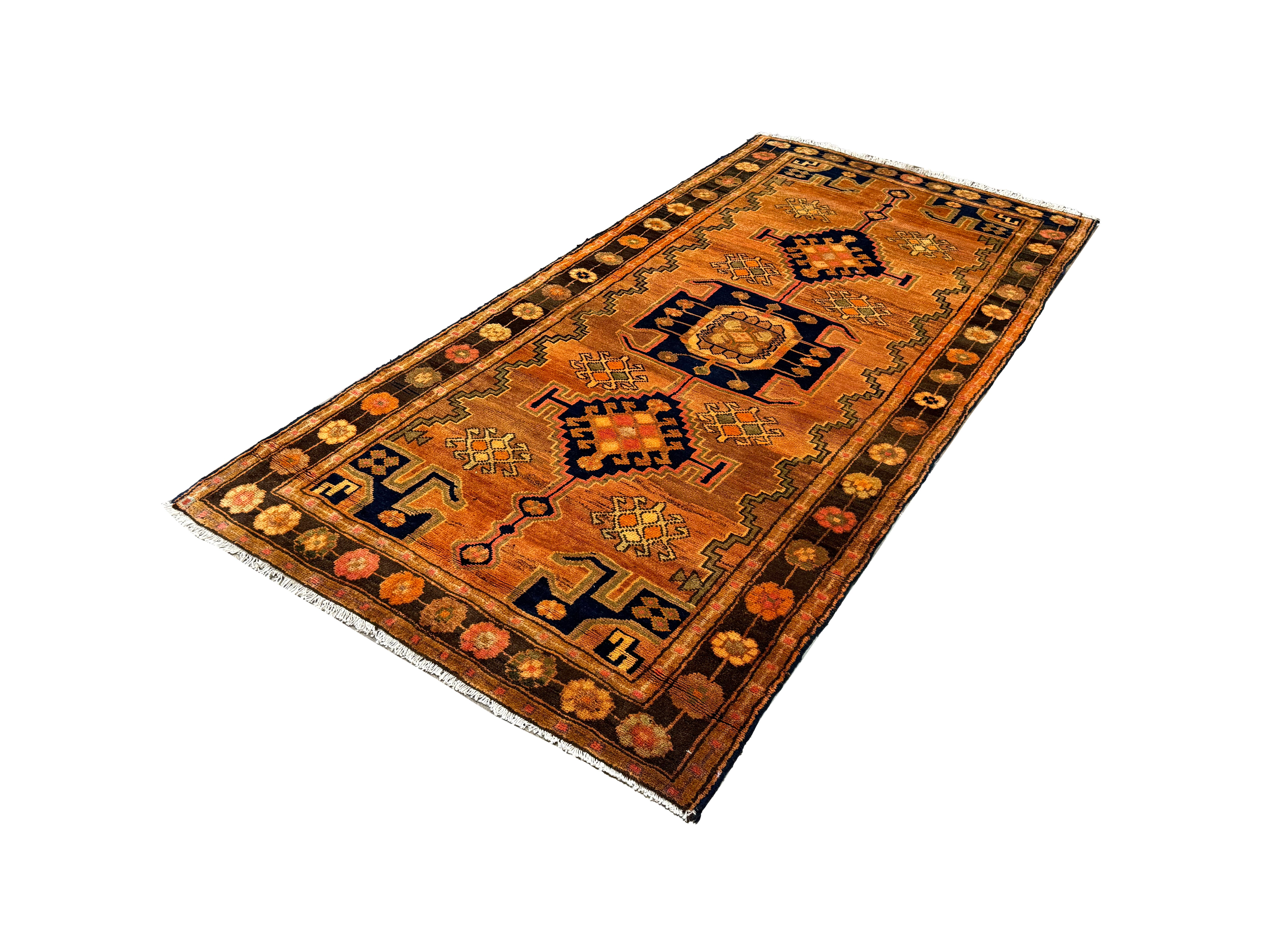 Persian Luri Rug, diagonal full view, hand-knotted wool with orange colouring. SKU RR 32364.