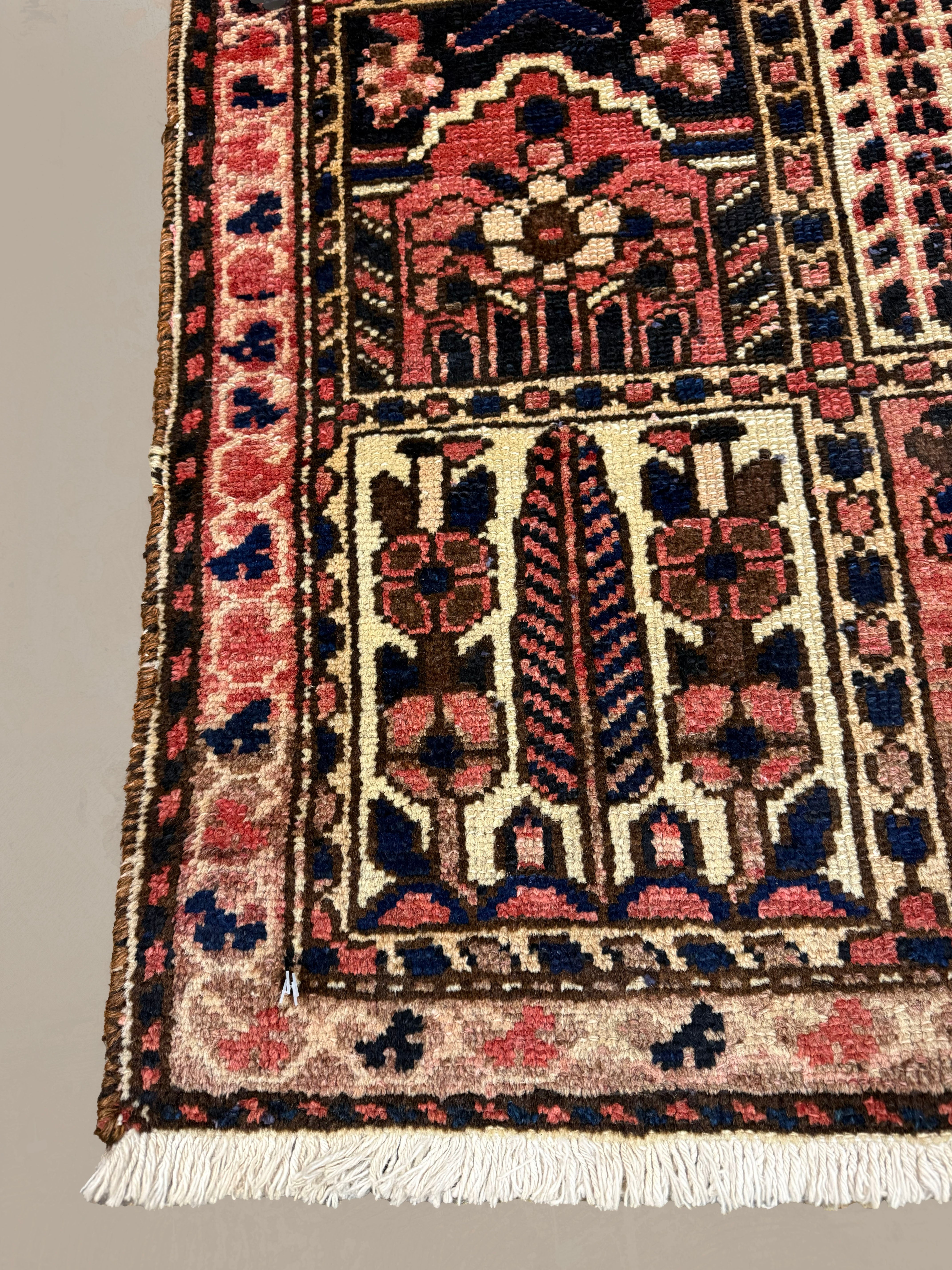 Persian Shalamzar Bakhtiari Rug, border and fringe detail, hand-knotted wool with red colouring. SKU RR 32416.