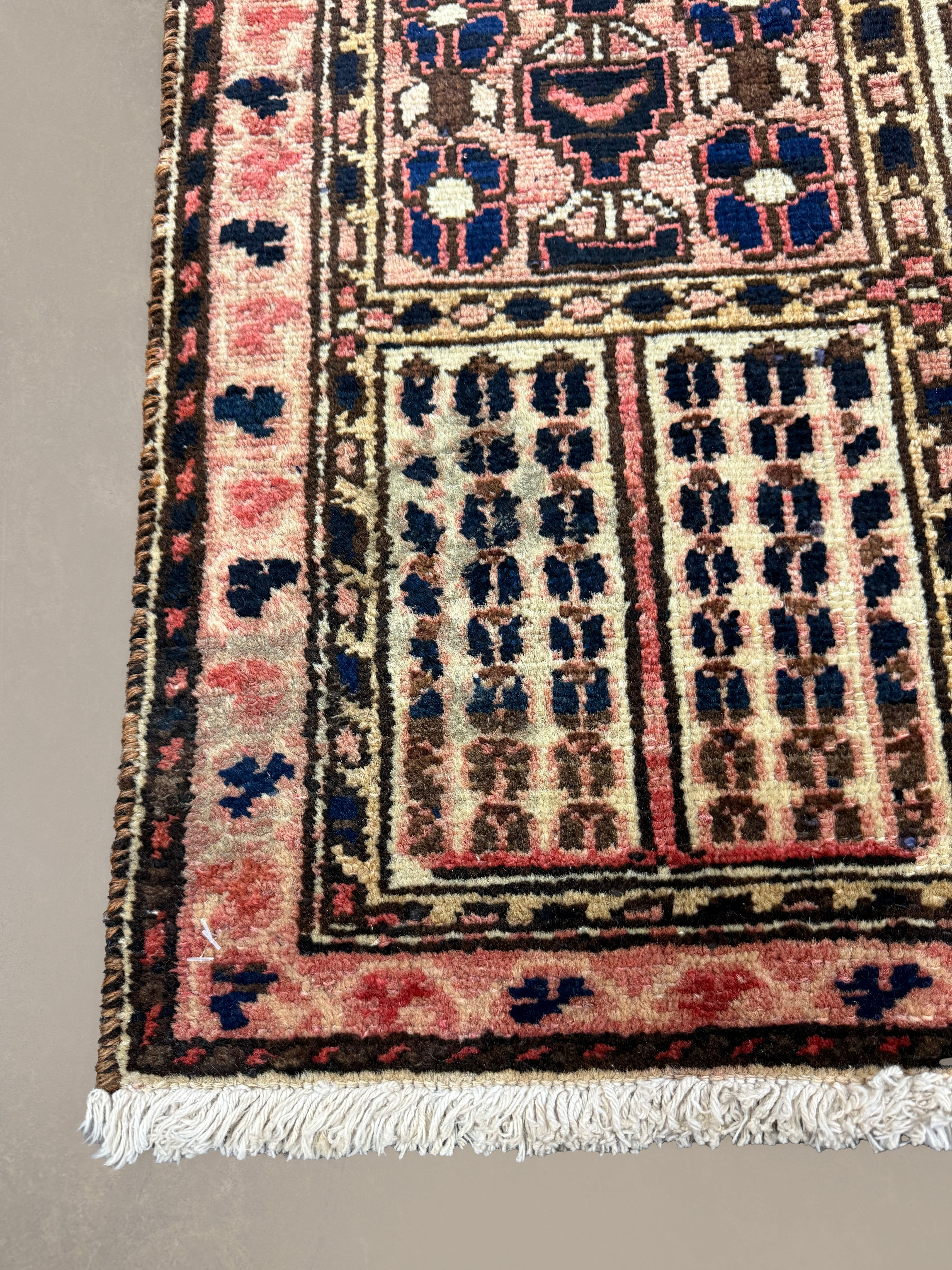 Persian Shalamzar Bakhtiari Rug, border and fringe detail, hand-knotted wool with red colouring. SKU RR 32416.