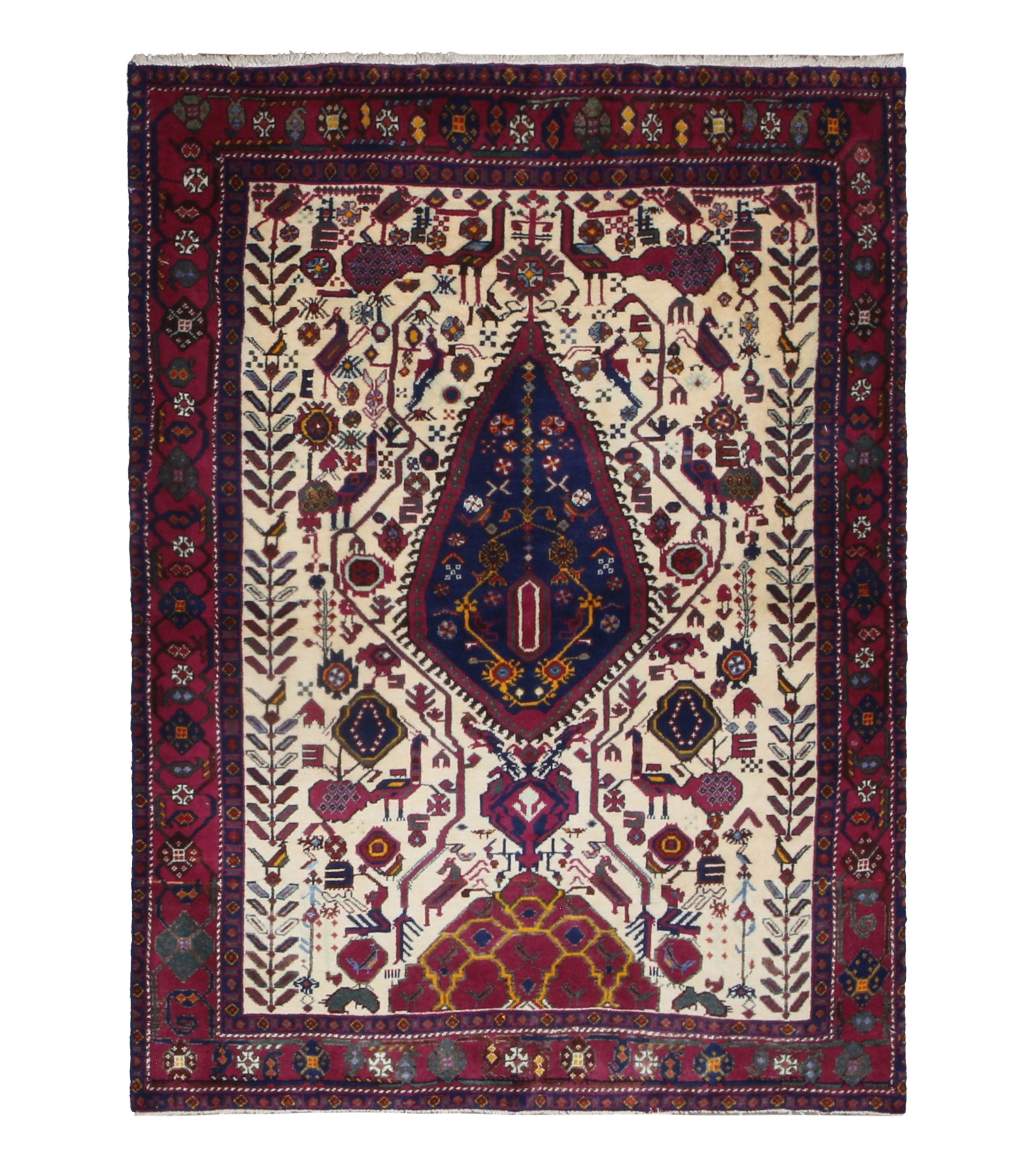 Vintage Sirjan Luri Afshar Rug, top view on white background, hand-knotted wool pile. SKU RR 32447.