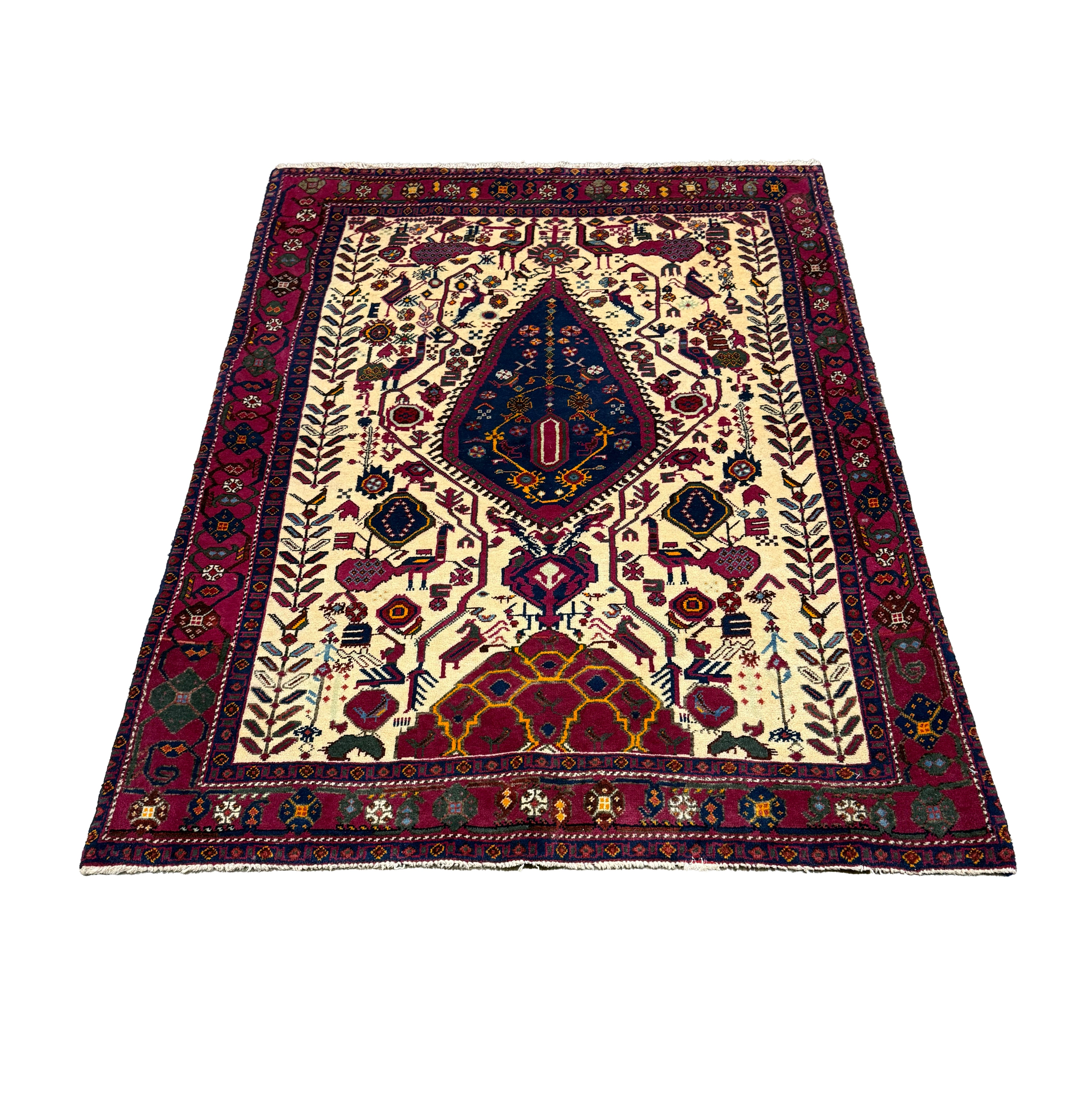 Vintage Sirjan Luri Afshar Rug, full rug in perspective showing the patterned field and borders, hand-knotted wool pile. SKU RR 32447.