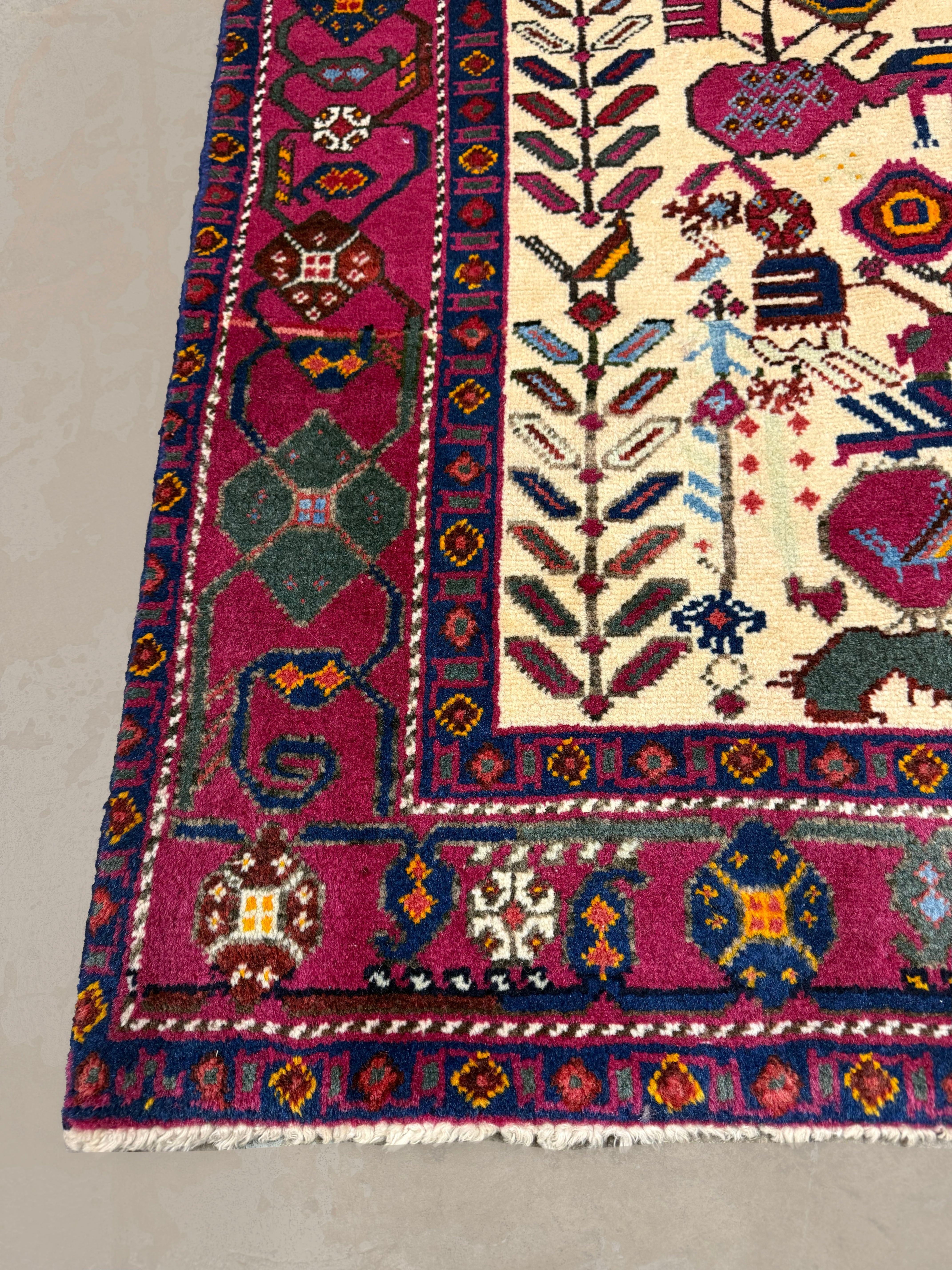 Vintage Sirjan Luri Afshar Rug, corner, border and fringe detail, hand-knotted wool pile. SKU RR 32447.