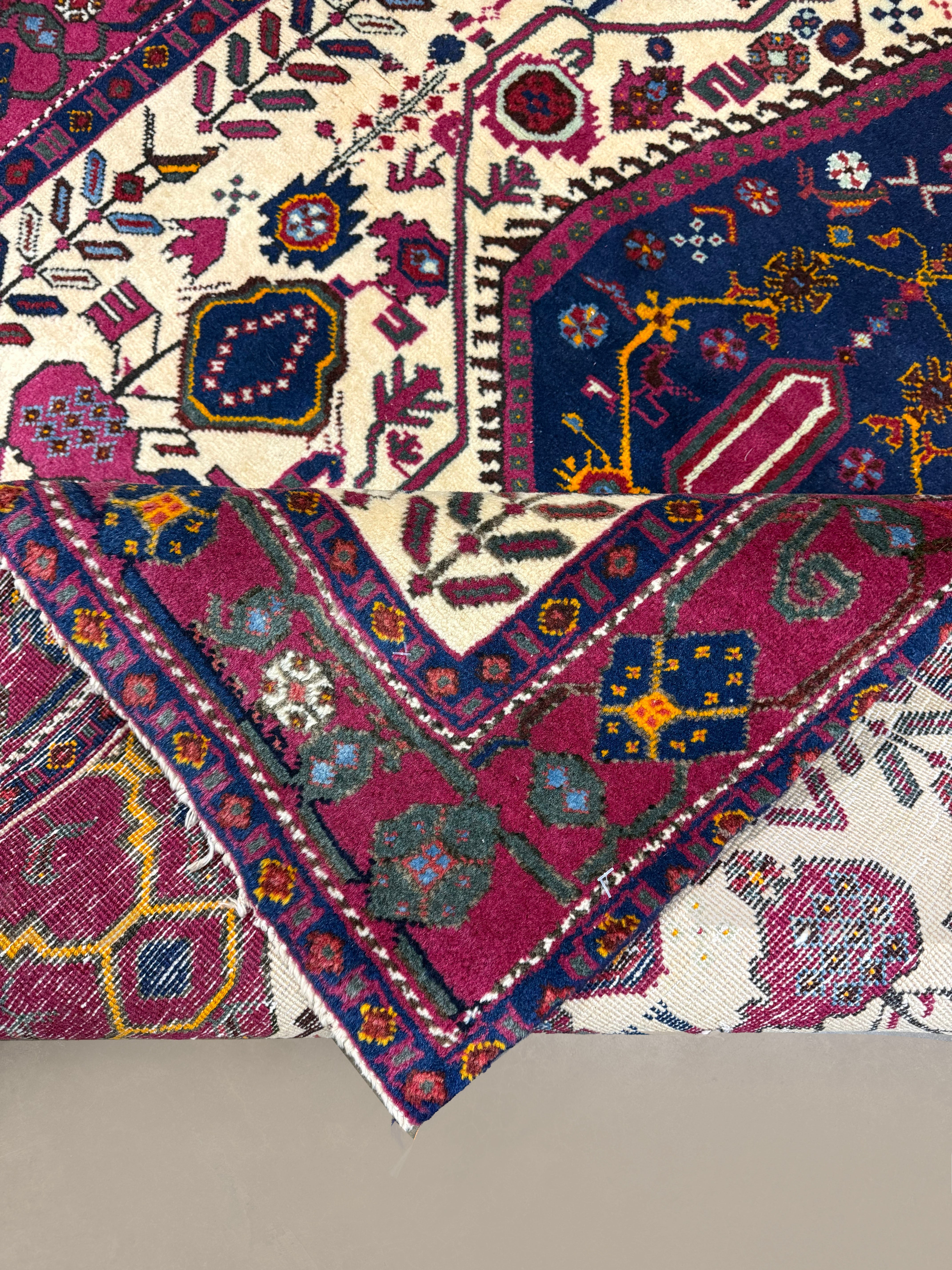 Vintage Sirjan Luri Afshar Rug, close-up of the patterned corner and edge, hand-knotted wool pile. SKU RR 32447.