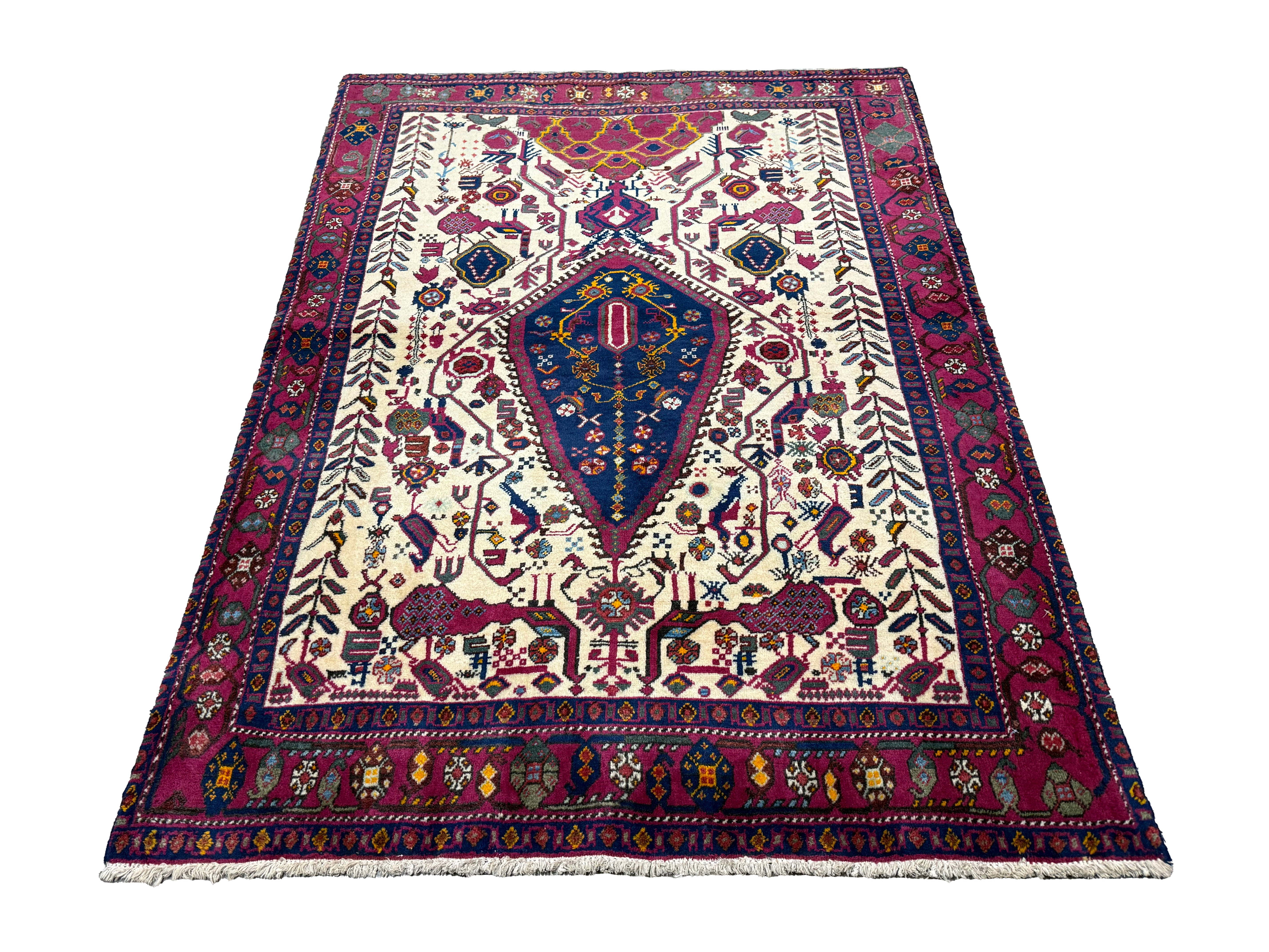 Vintage Sirjan Luri Afshar Rug, front perspective view of the complete rug, hand-knotted wool pile. SKU RR 32447.