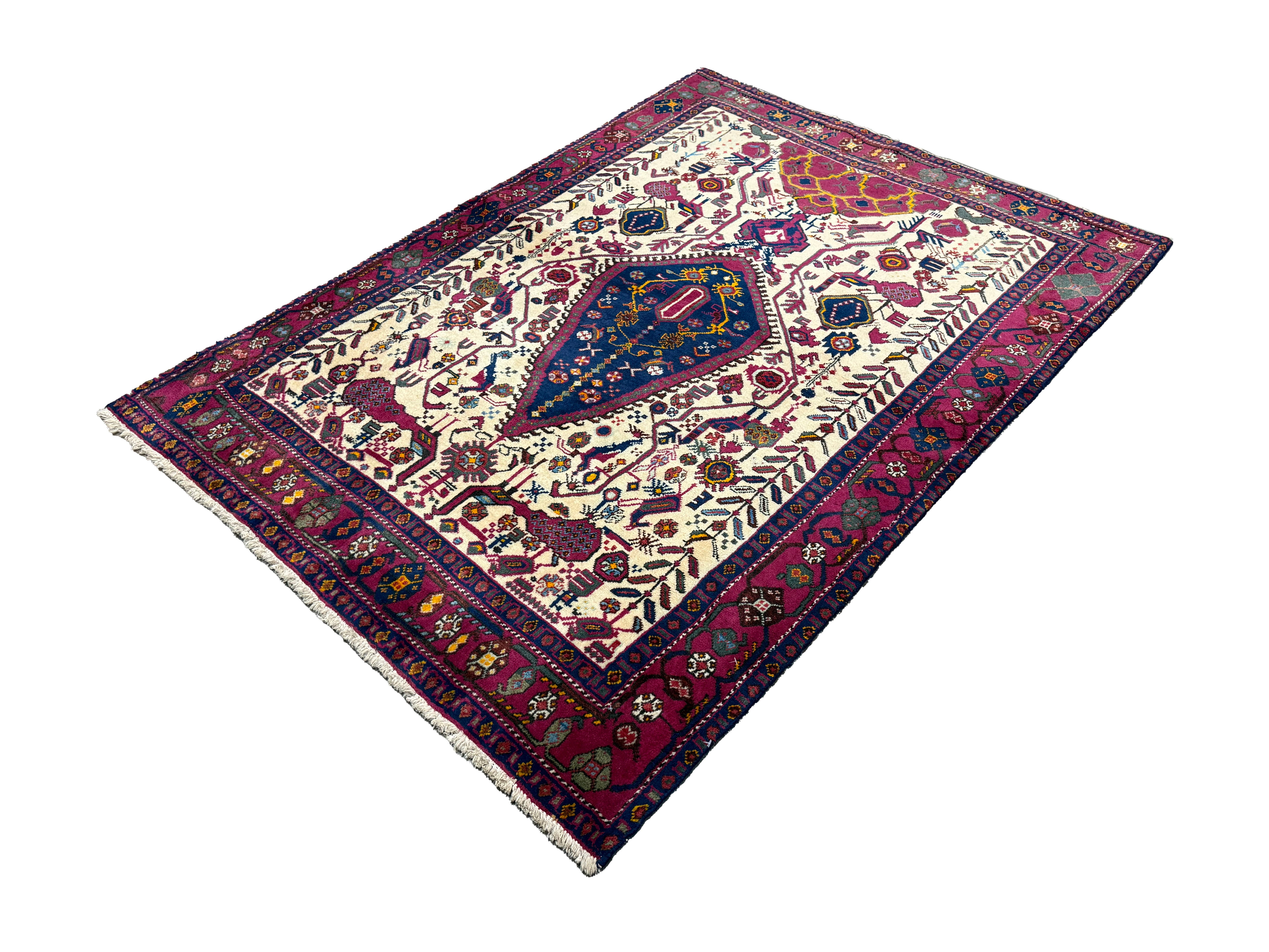Vintage Sirjan Luri Afshar Rug, angled view showing the full field and borders, hand-knotted wool pile. SKU RR 32447.