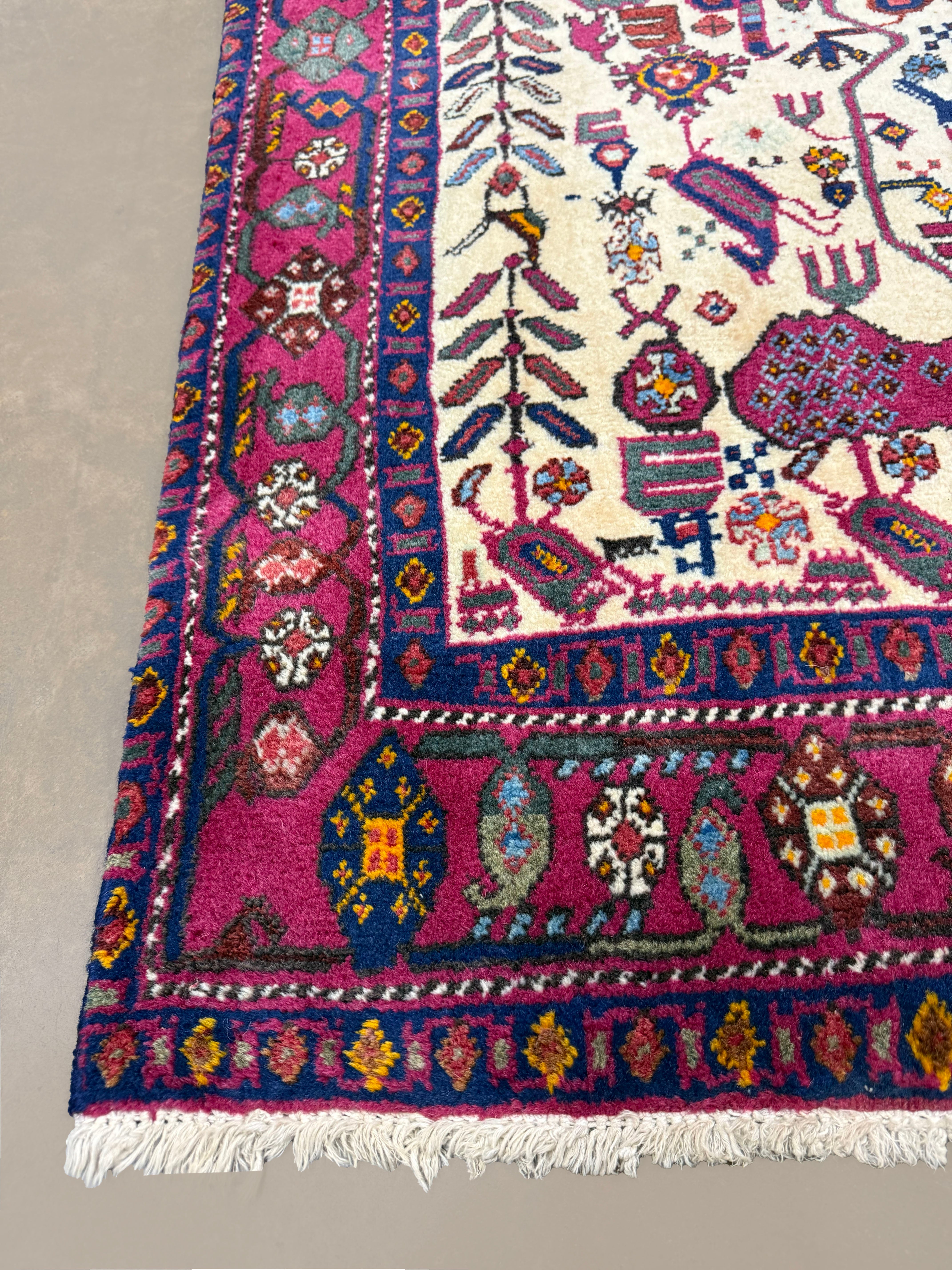Vintage Sirjan Luri Afshar Rug, close-up of the border and fringe, hand-knotted wool pile. SKU RR 32447.