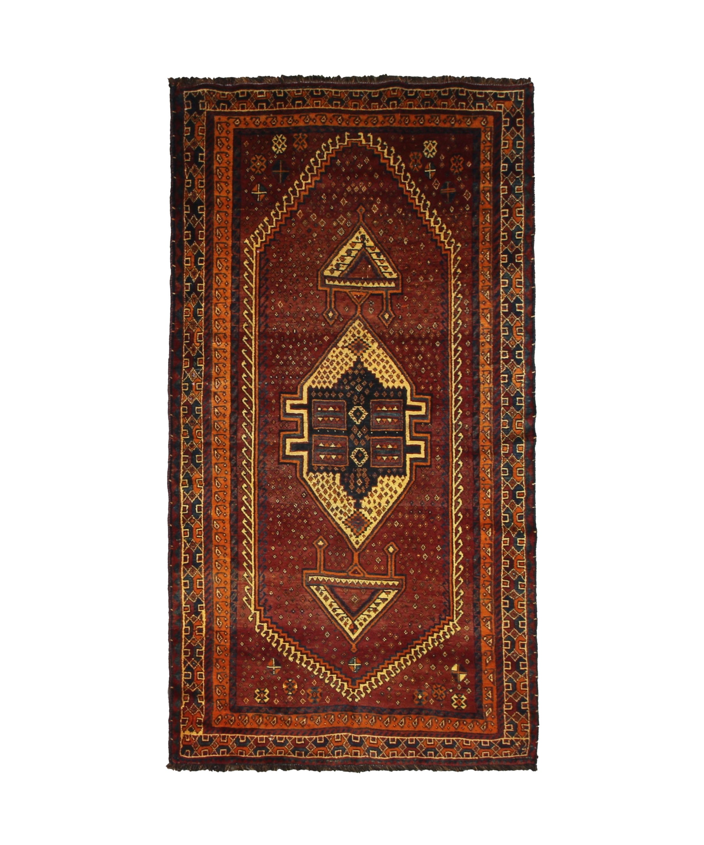 Persian Fars Luri Rug, top view on white background, hand-knotted wool with red colouring. SKU RR 32531.