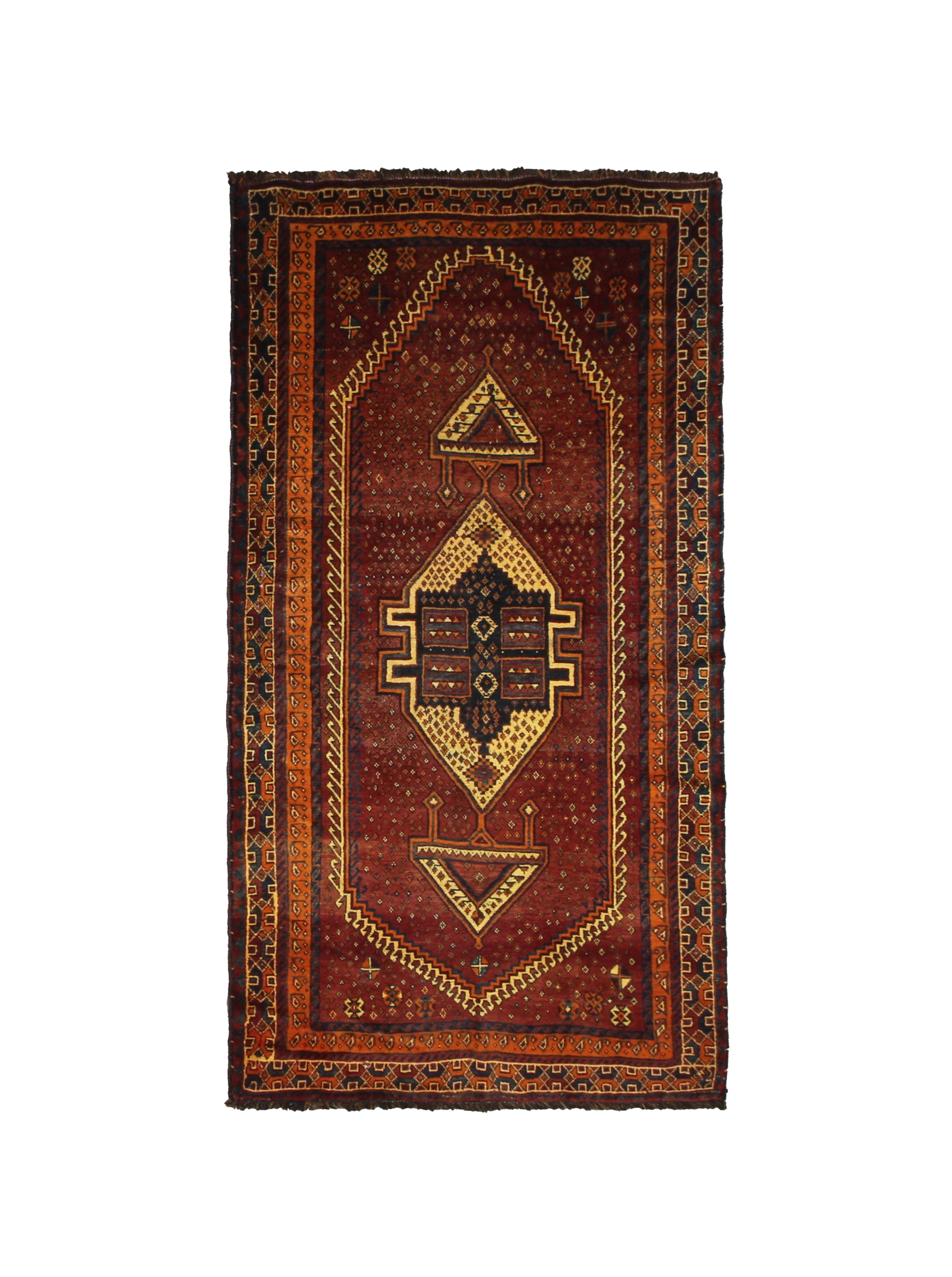 Persian Fars Luri Rug, top view on white background, hand-knotted wool with red colouring. SKU RR 32531.