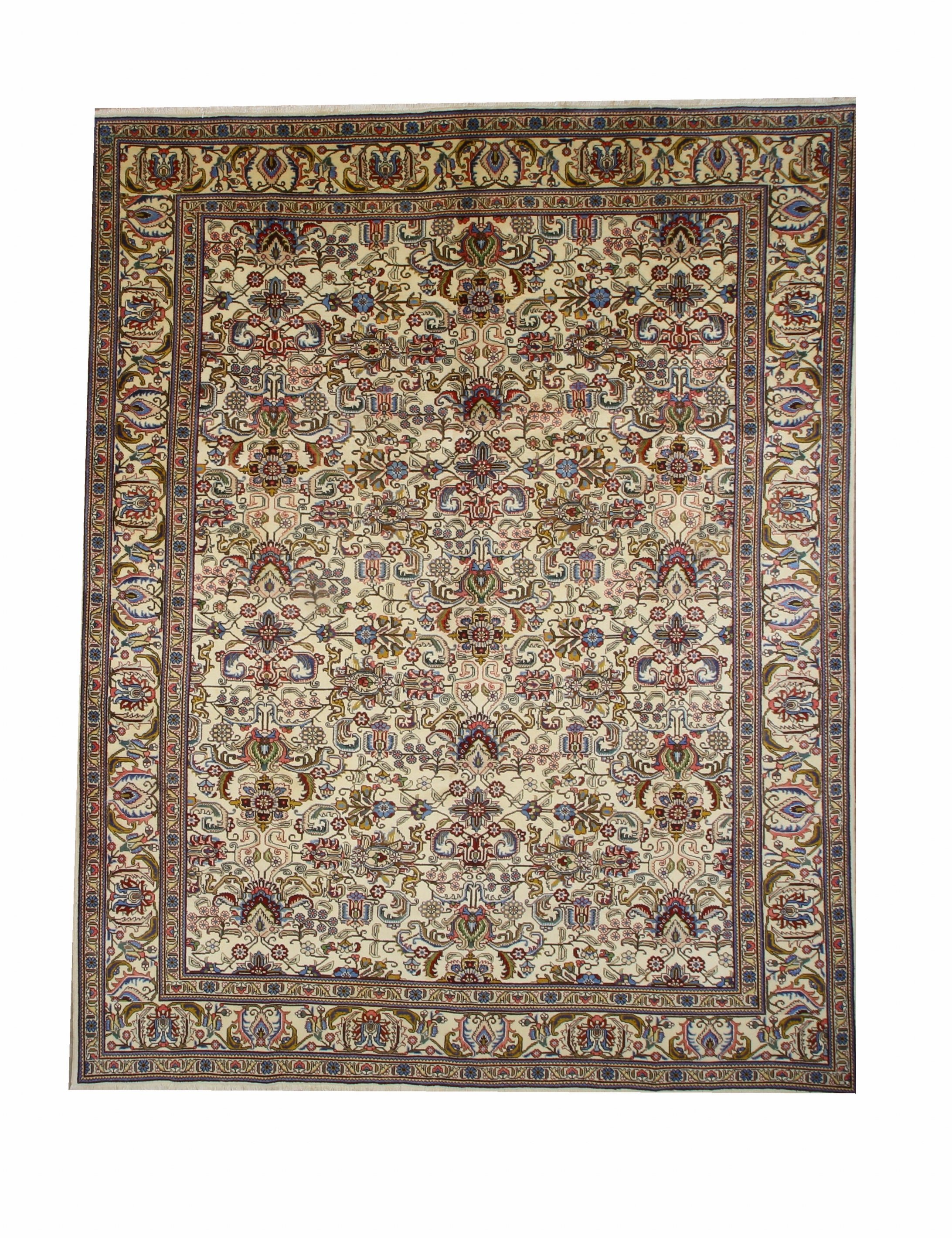Tabriz hand-knotted wool rug, full top view.