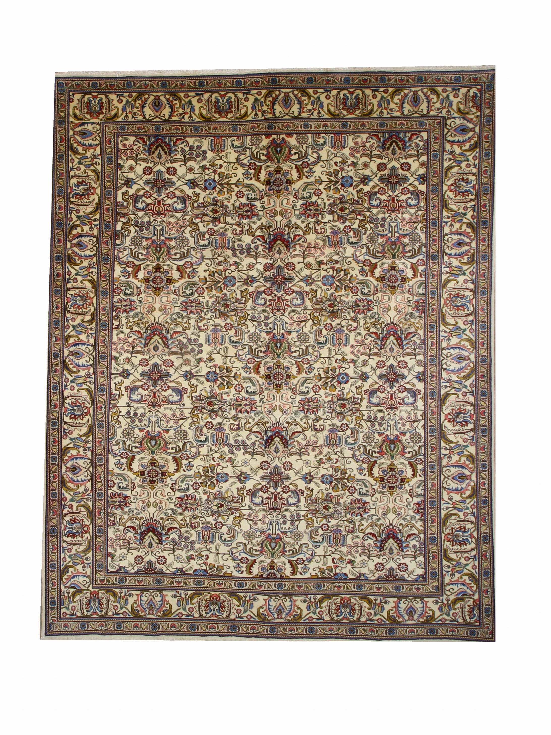 Tabriz hand-knotted wool rug, full top view.