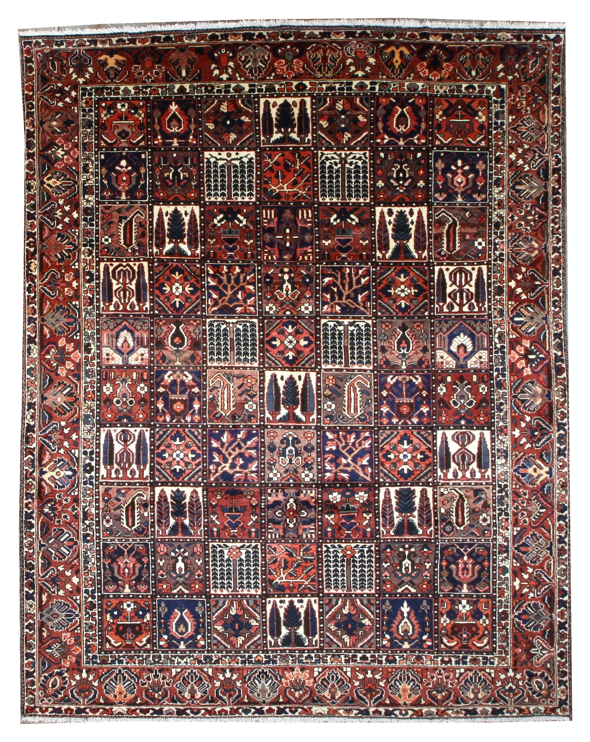 Bakhtiari Persian rug with red, navy and cream geometric medallion pattern border