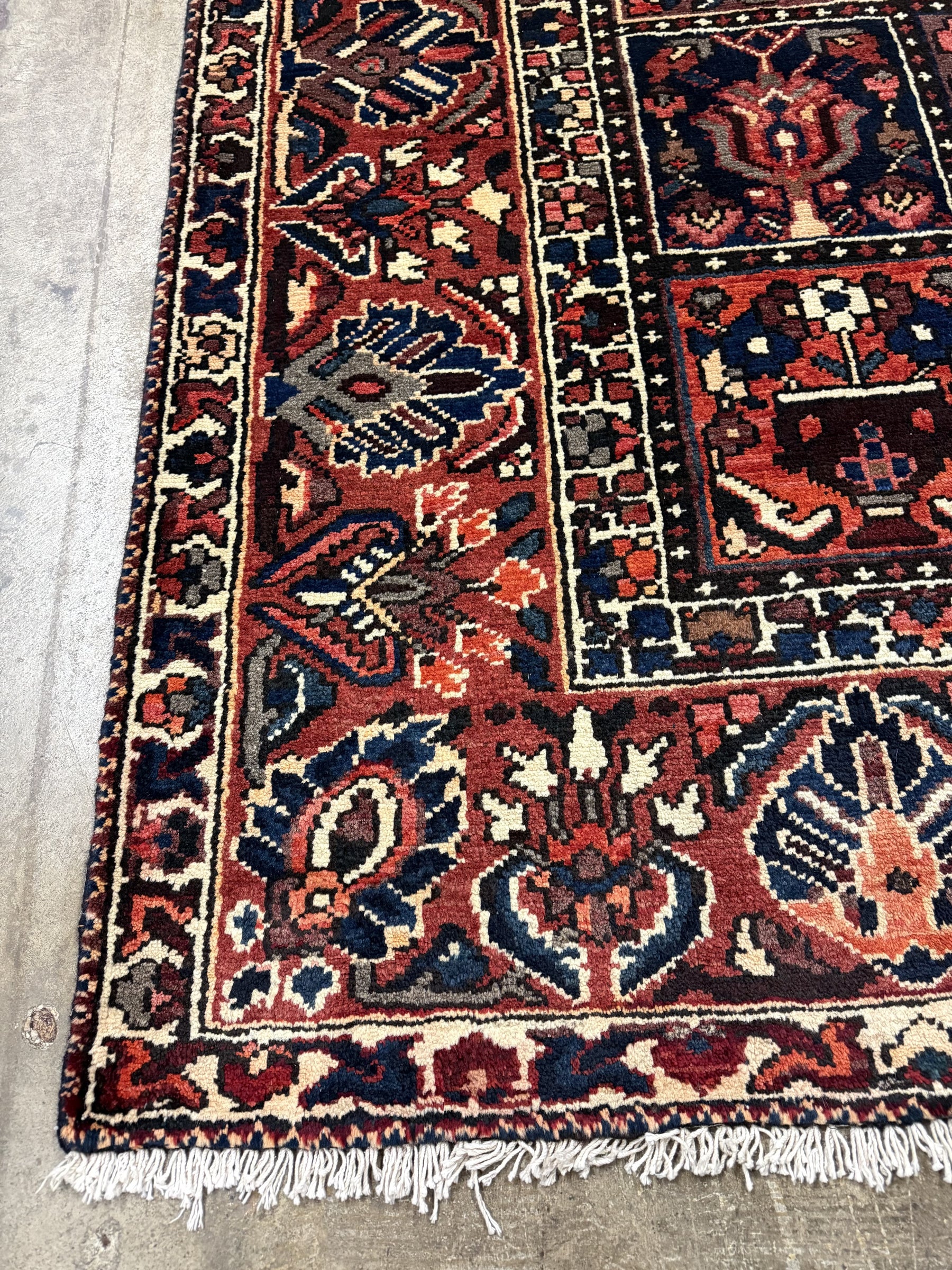 Bakhtiari Persian rug close-up of red field with navy cream medallions and border