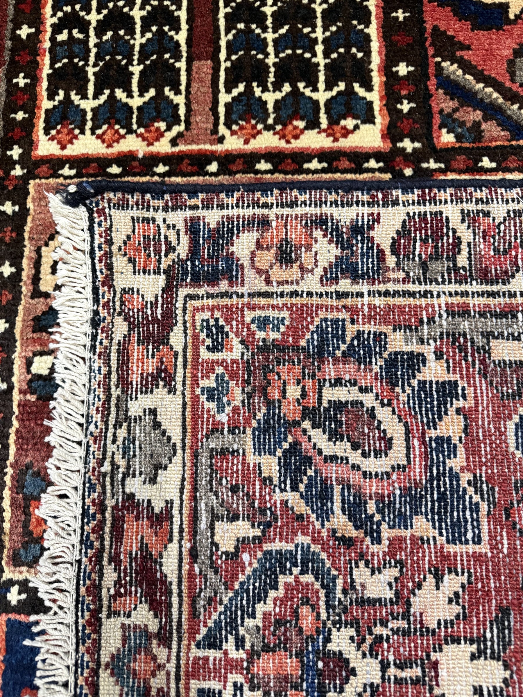 Bakhtiari Persian rug close-up of cream and red centerpiece with navy surrounding details