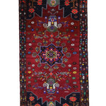 Persian Hamadan Rug, top view on white background, hand-knotted wool with red colouring. SKU RR 33017.