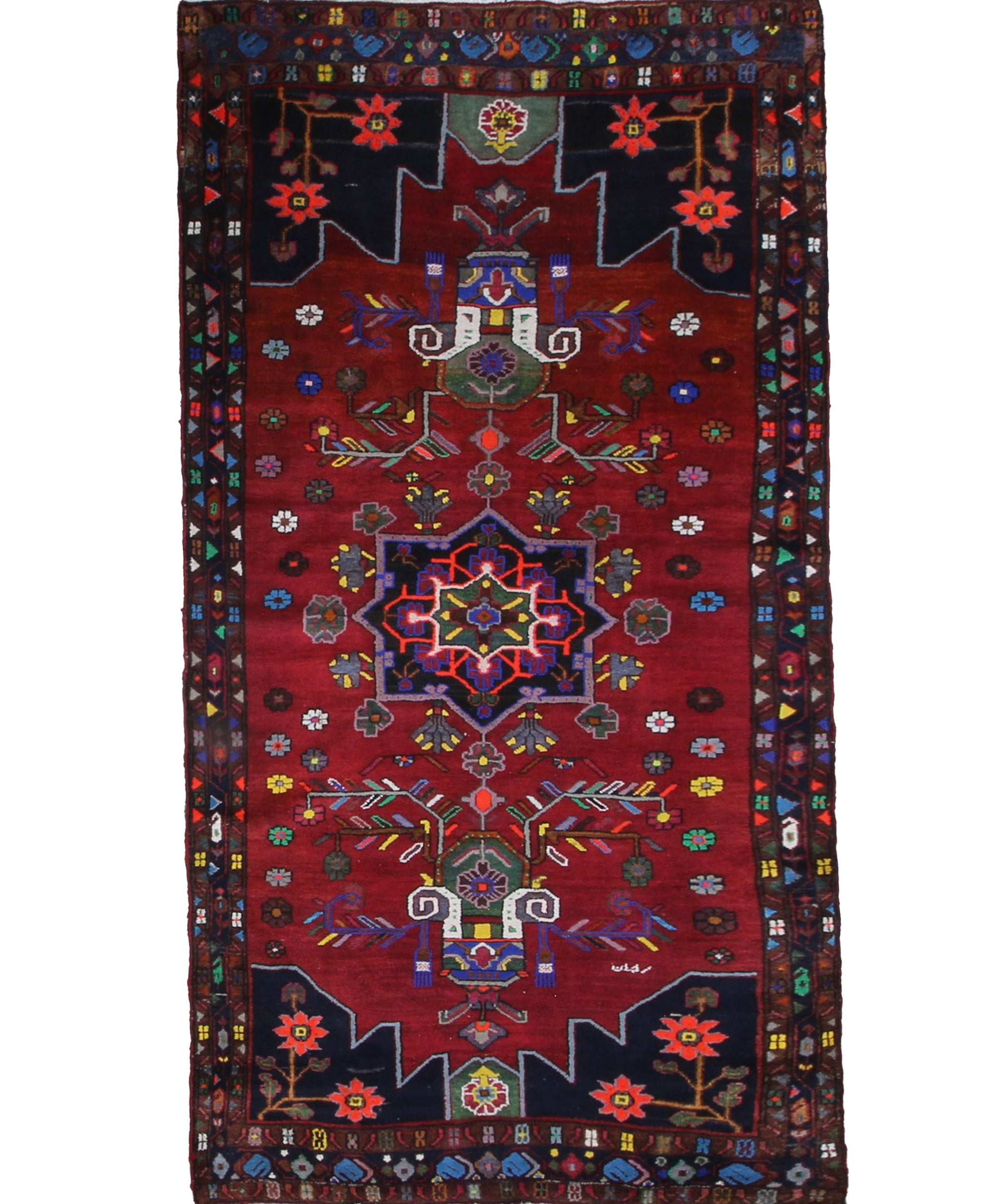 Persian Hamadan Rug, top view on white background, hand-knotted wool with red colouring. SKU RR 33017.