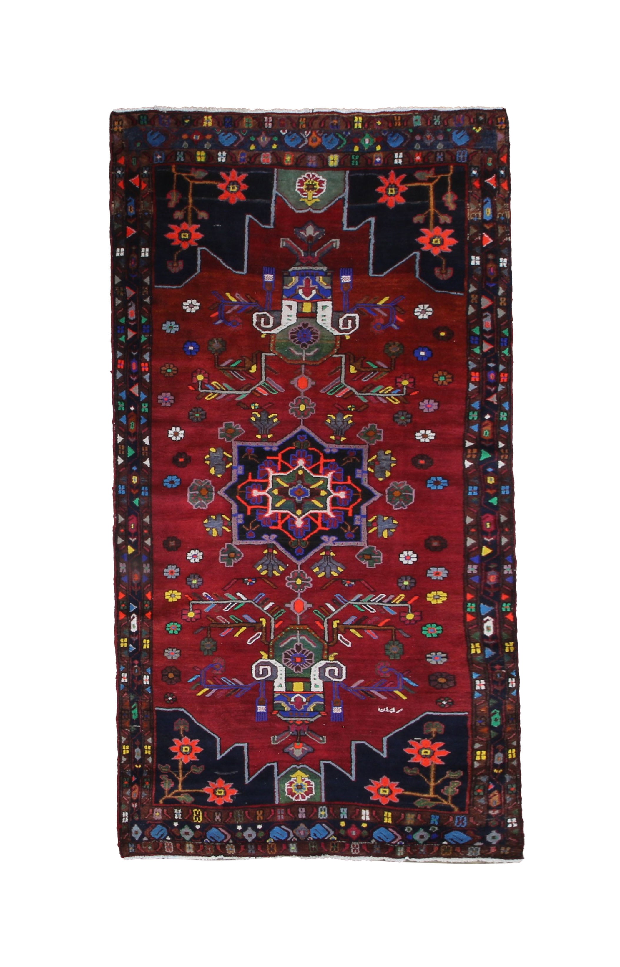 Persian Hamadan Rug, top view on white background, hand-knotted wool with red colouring. SKU RR 33017.