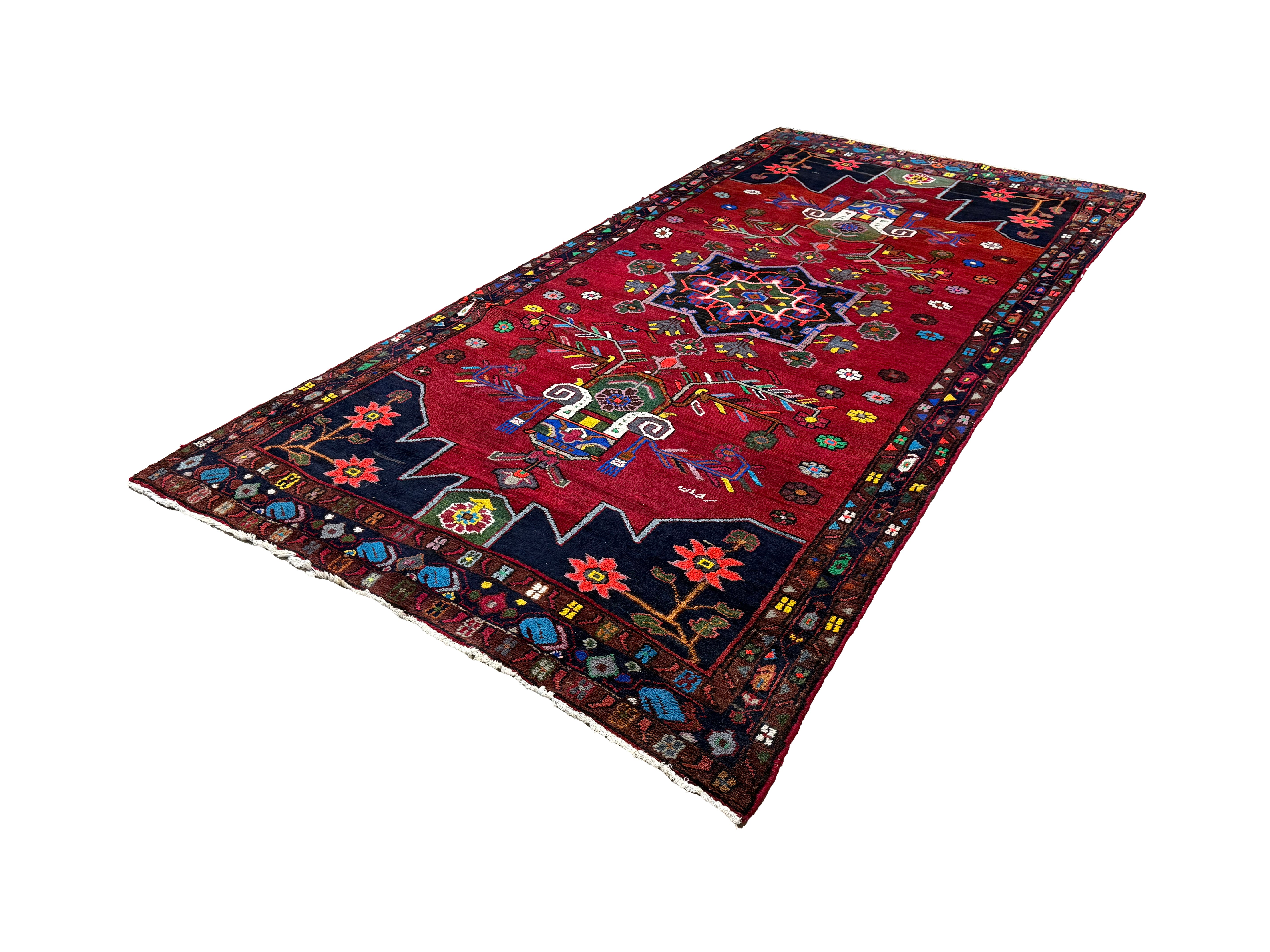 Persian Hamadan Rug, diagonal full view, hand-knotted wool with red colouring. SKU RR 33017.