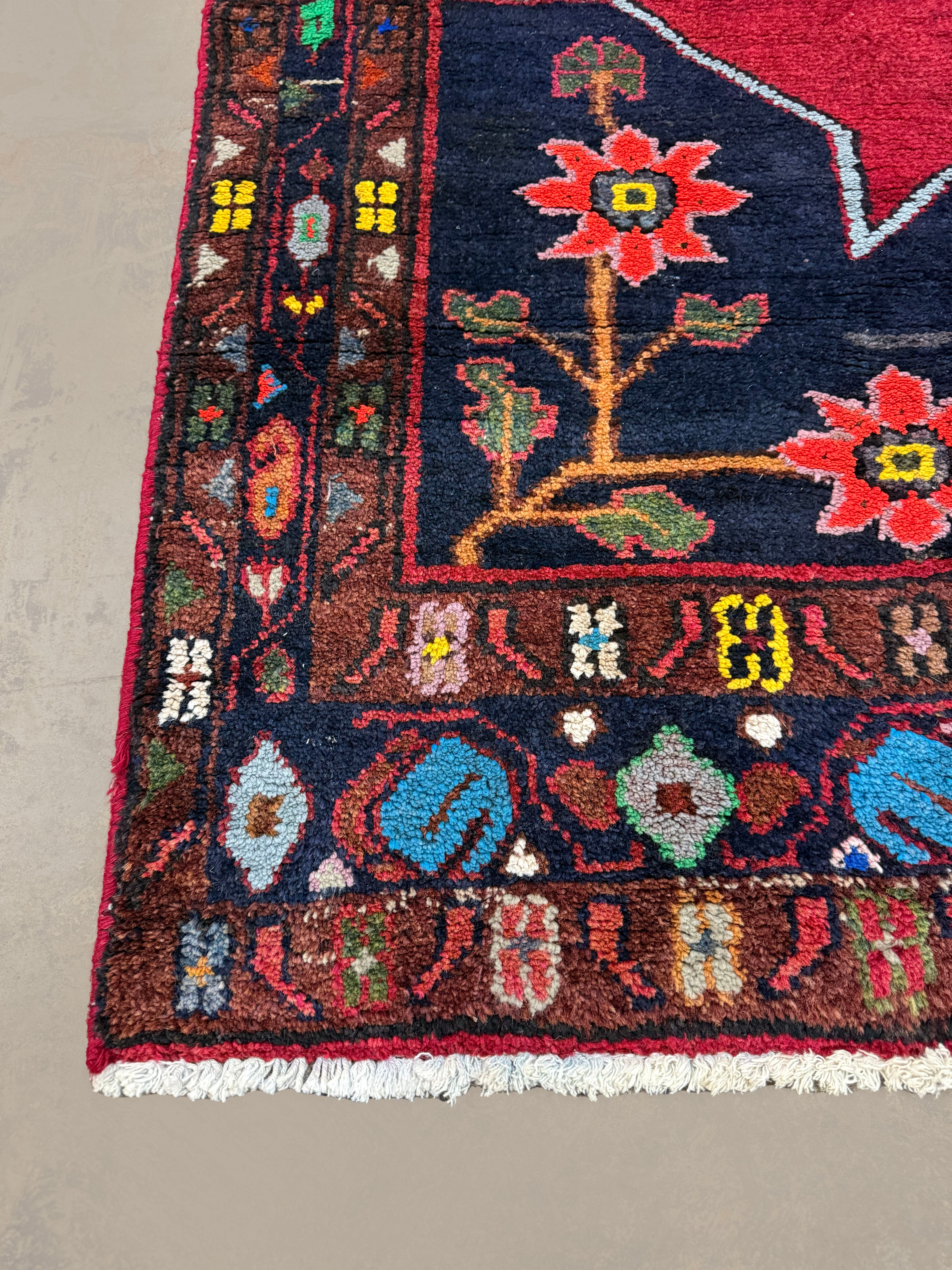 Persian Hamadan Rug, border and fringe detail, hand-knotted wool with red colouring. SKU RR 33017.