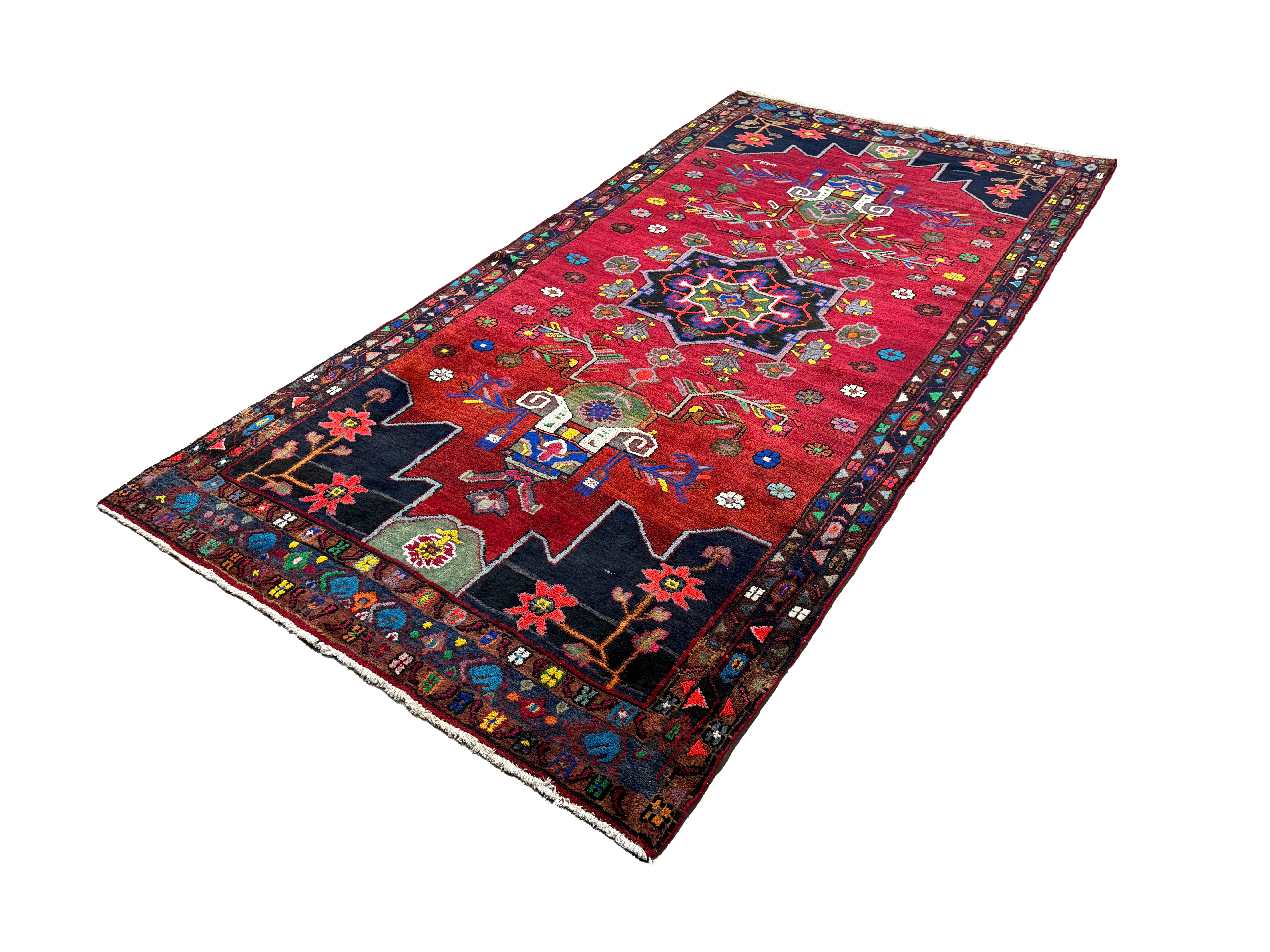 Persian Hamadan Rug, diagonal full view, hand-knotted wool with red colouring. SKU RR 33017.