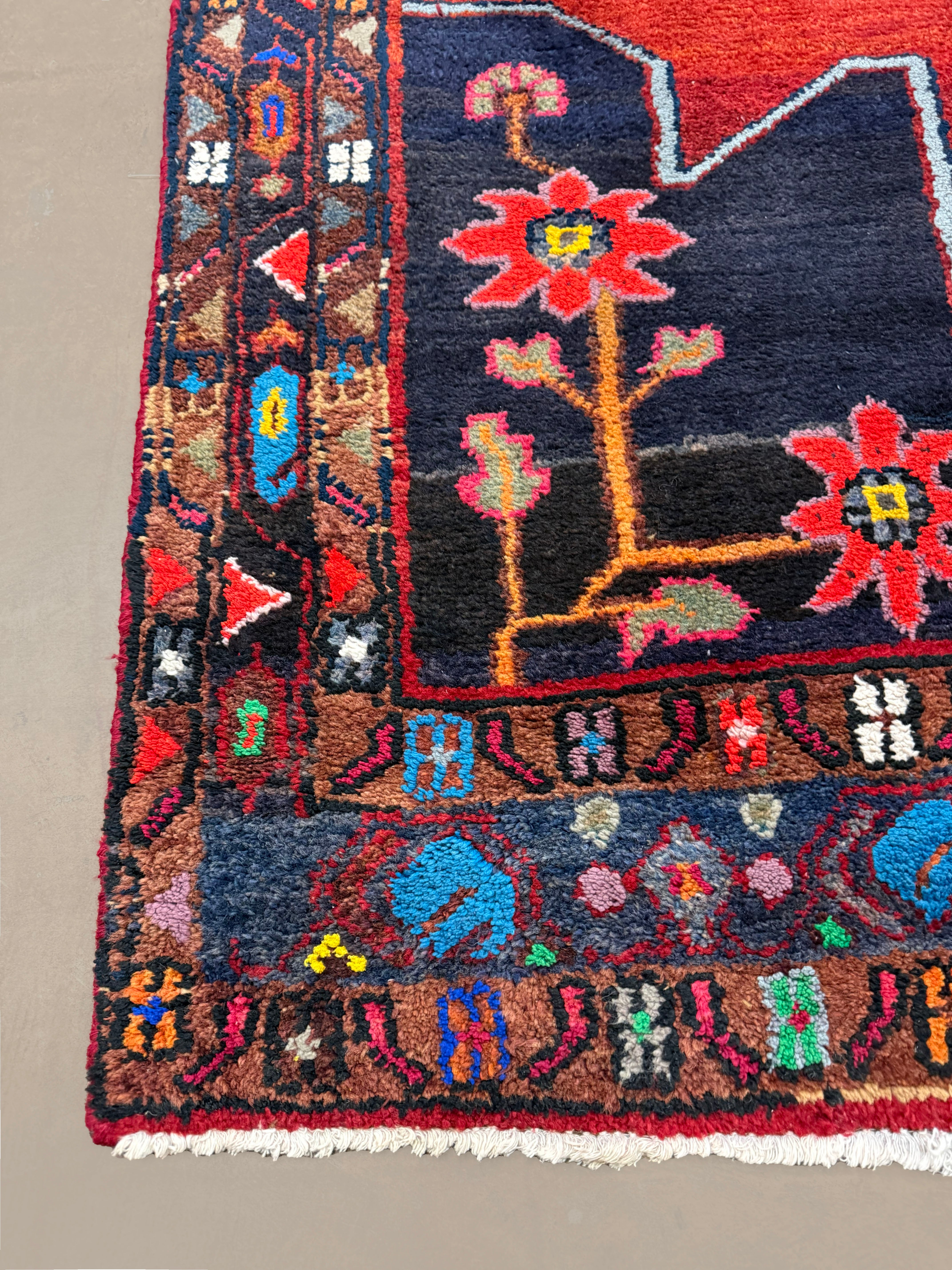 Persian Hamadan Rug, border and fringe detail, hand-knotted wool with red colouring. SKU RR 33017.