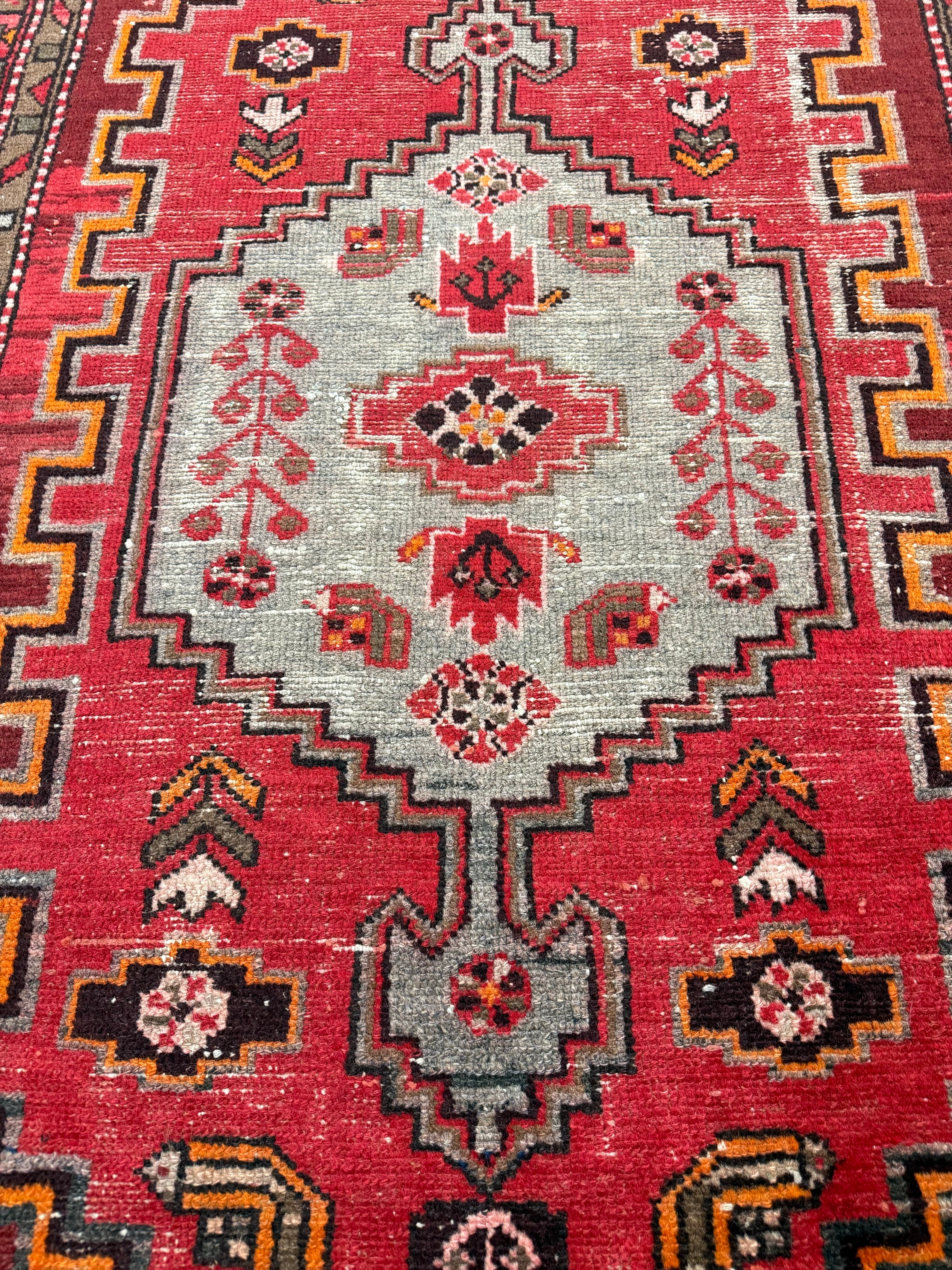 Vintage Zanjan Rug — Large Geometric Medallion on Red with Light Corner Motifs. Original rug photograph; SKU RZ101; source RZ 101 IMG_6666.