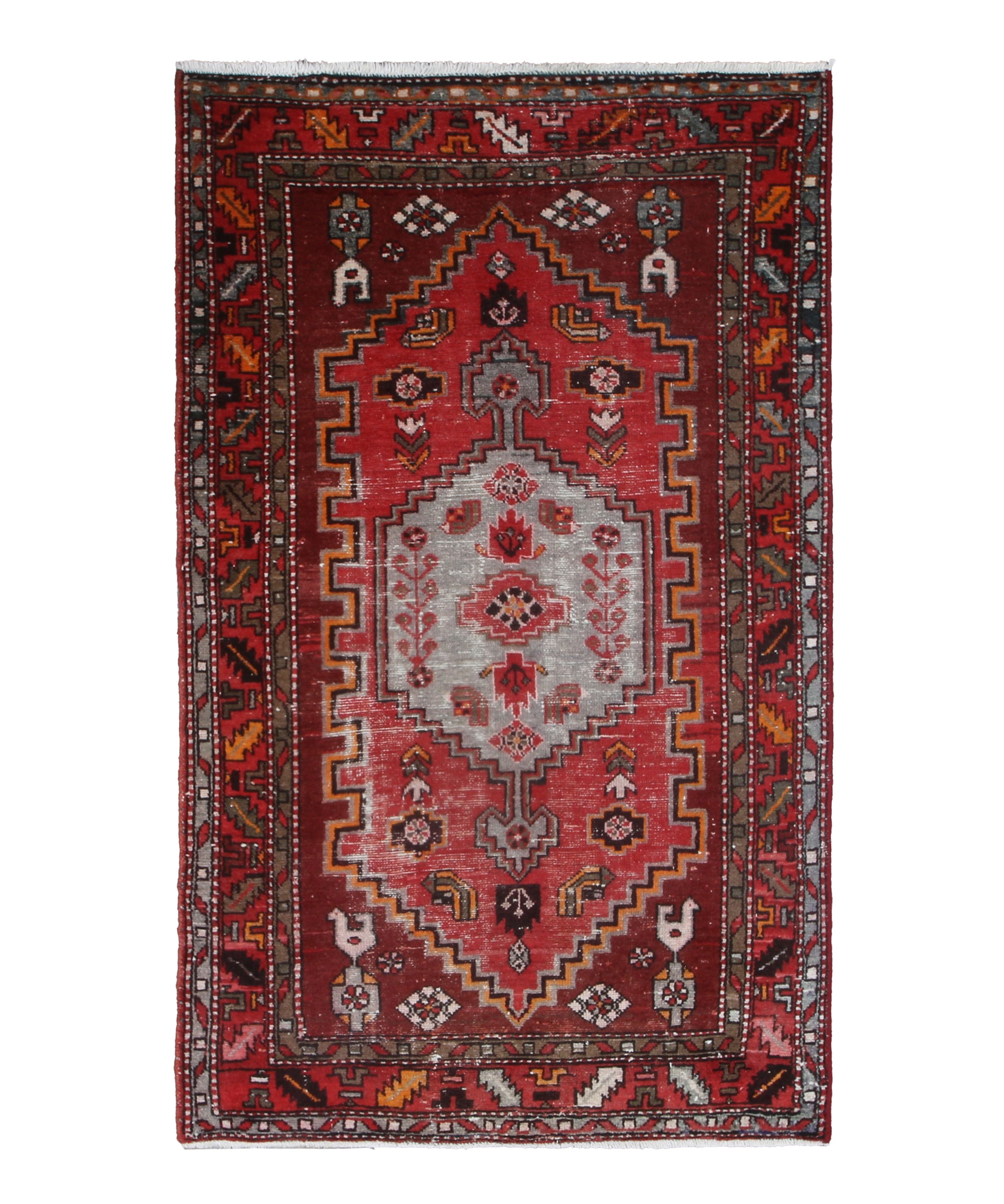 Persian Zanjan Rug, top view on white background, hand-knotted wool with red colouring. SKU RZ 101.