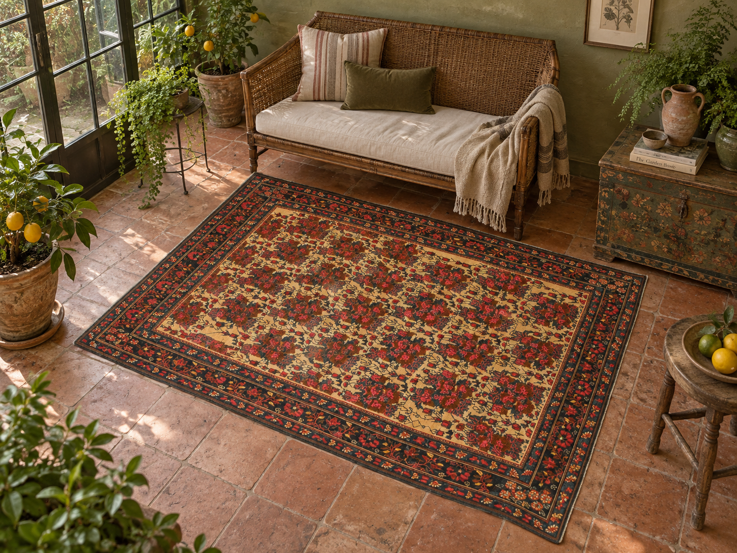 Botanical conservatory nook; AI-generated styling visualization. Pattern details and scale may vary; refer to original product photos and listed dimensions.