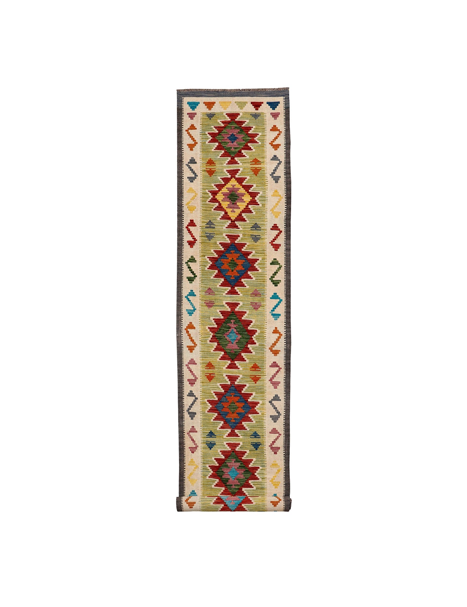 Afghan Maimana runner — Red Medallions on Cream & Sage | 2'7" × 15'11" (80 × 485 cm)
