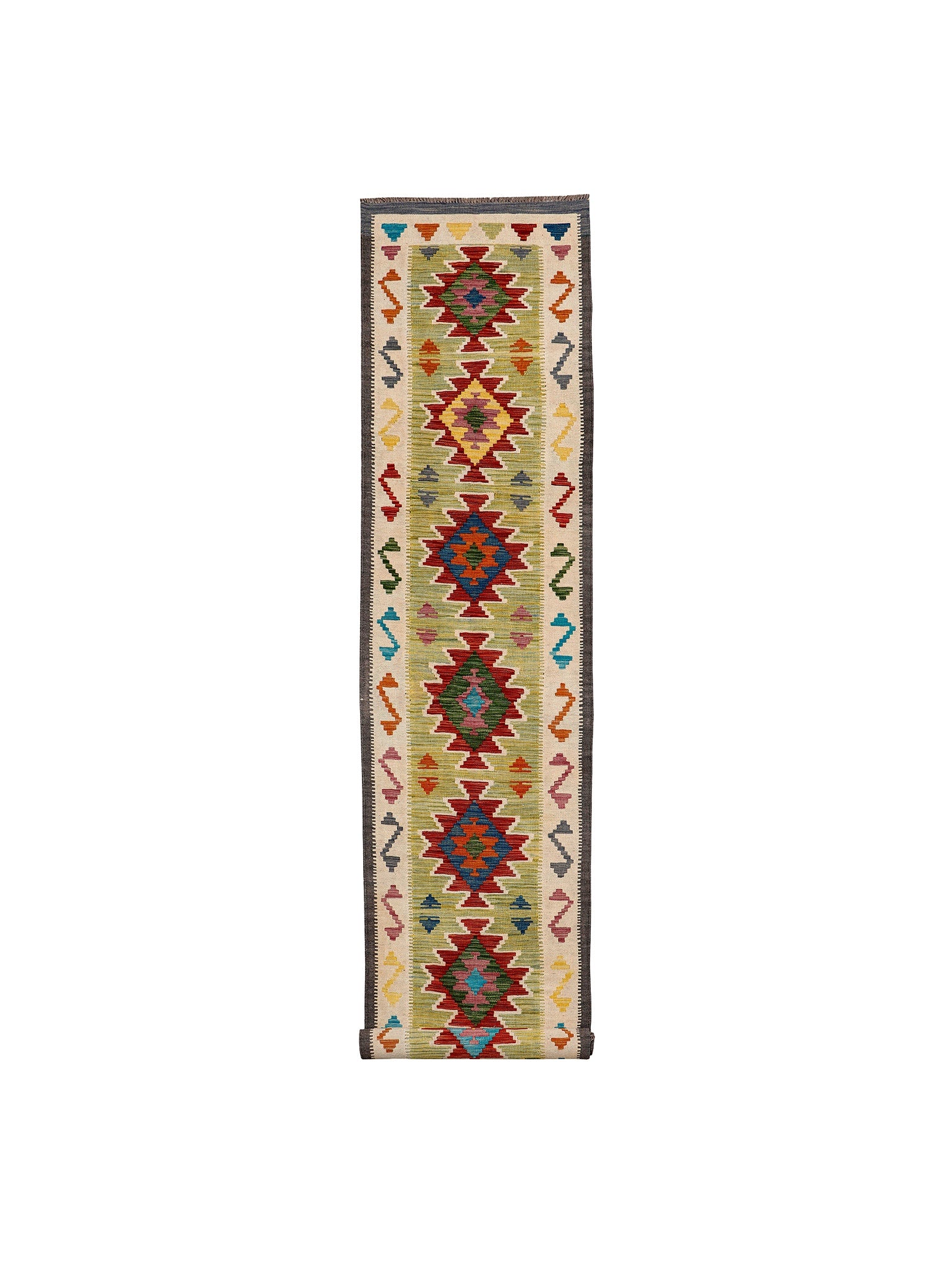 Afghan Maimana runner — Red Medallions on Cream & Sage | 2'7" × 15'11" (80 × 485 cm)