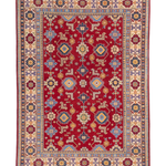 Full front view of red & blue Kazak-inspired wool rug 21542.