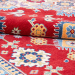 Pattern detail of red & blue Kazak-inspired wool rug 21542.