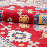 Pattern detail of red & blue Kazak-inspired wool rug 21542.