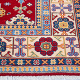 Border and edge detail of red & blue Kazak-inspired wool rug 21542.