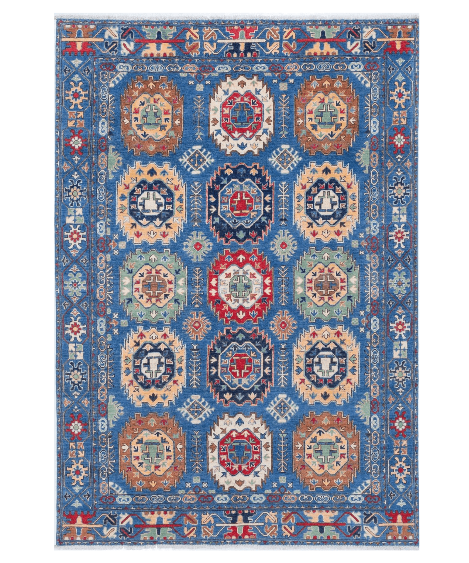Full front view of blue & red Kazak-inspired wool rug 29635.
