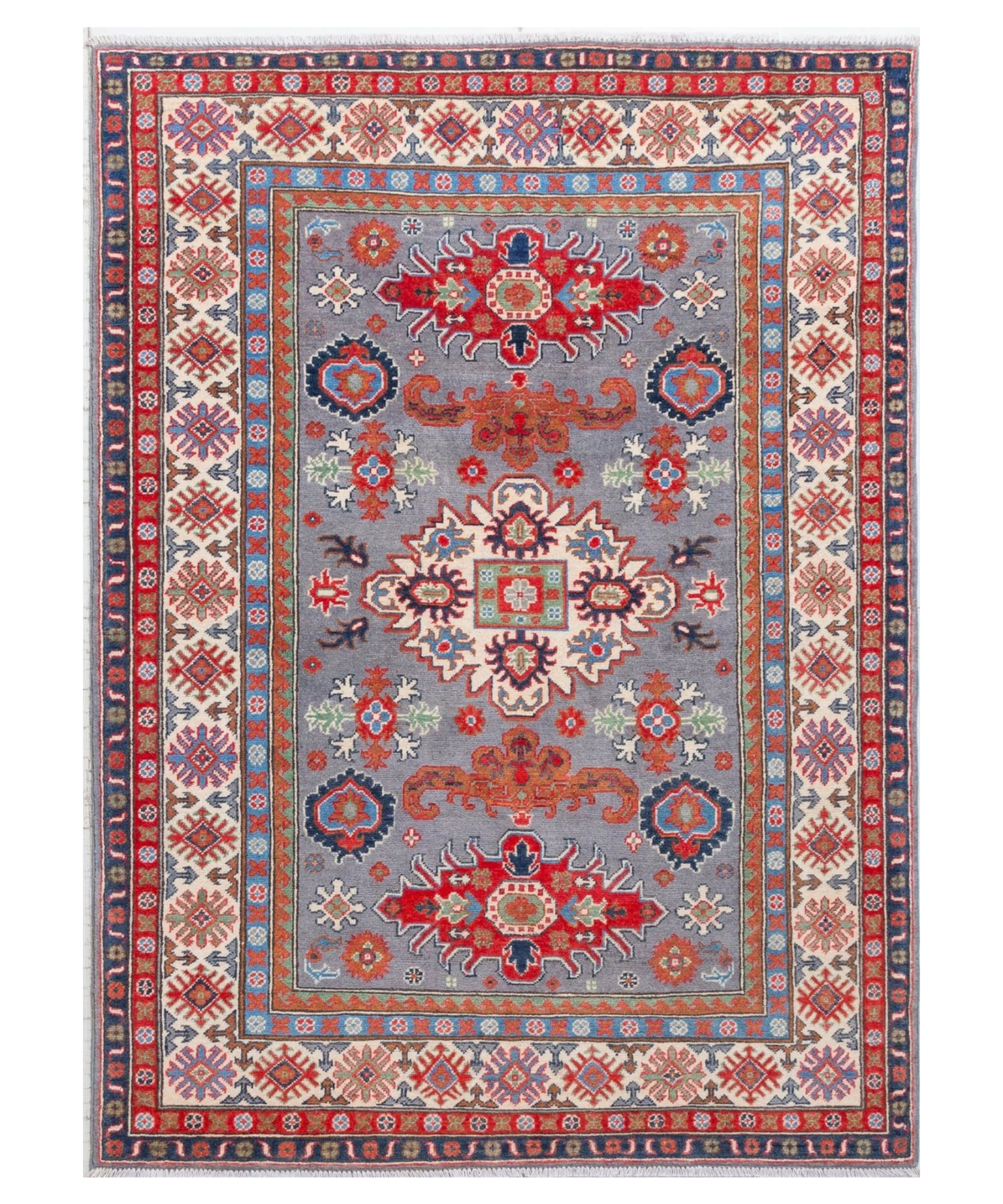 Full front view of blue & red Kazak-inspired wool rug 29345.