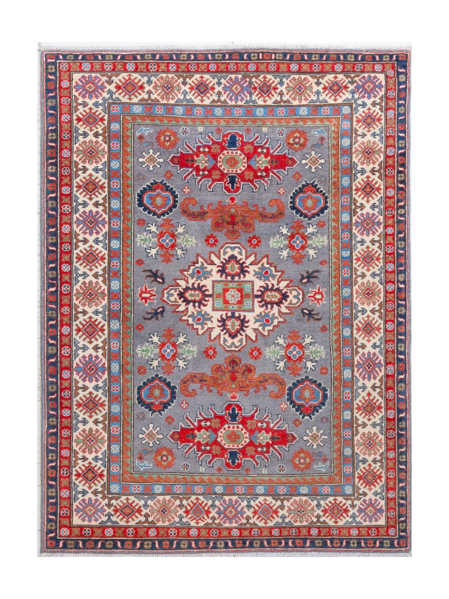 Full front view of blue & red Kazak-inspired wool rug 29345.