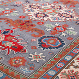 Pattern detail of blue & red Kazak-inspired wool rug 29345.