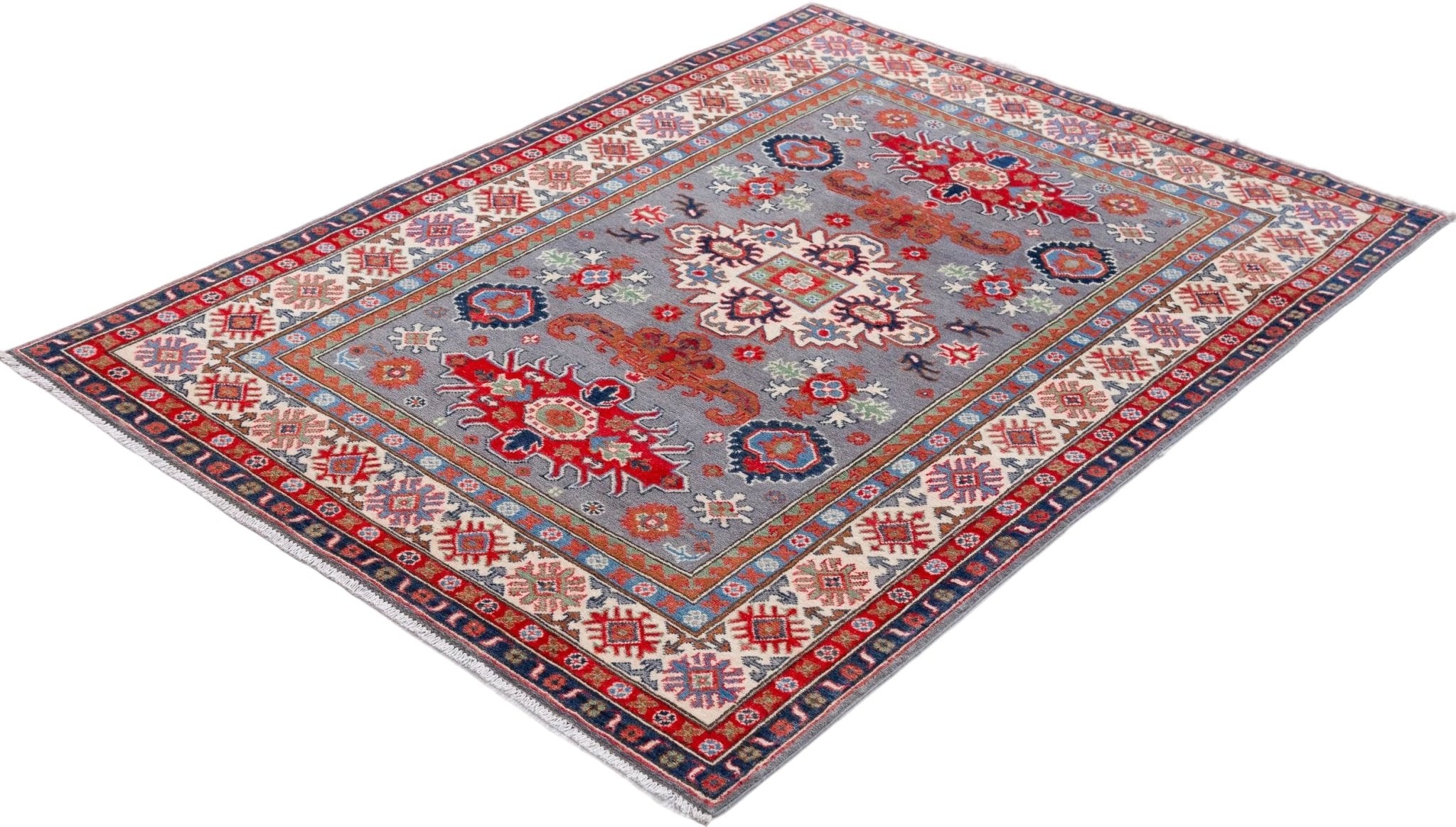Full view at an angle of blue & red Kazak-inspired wool rug 29345.