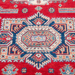Pattern detail of red & blue Kazak-inspired wool rug 21613.