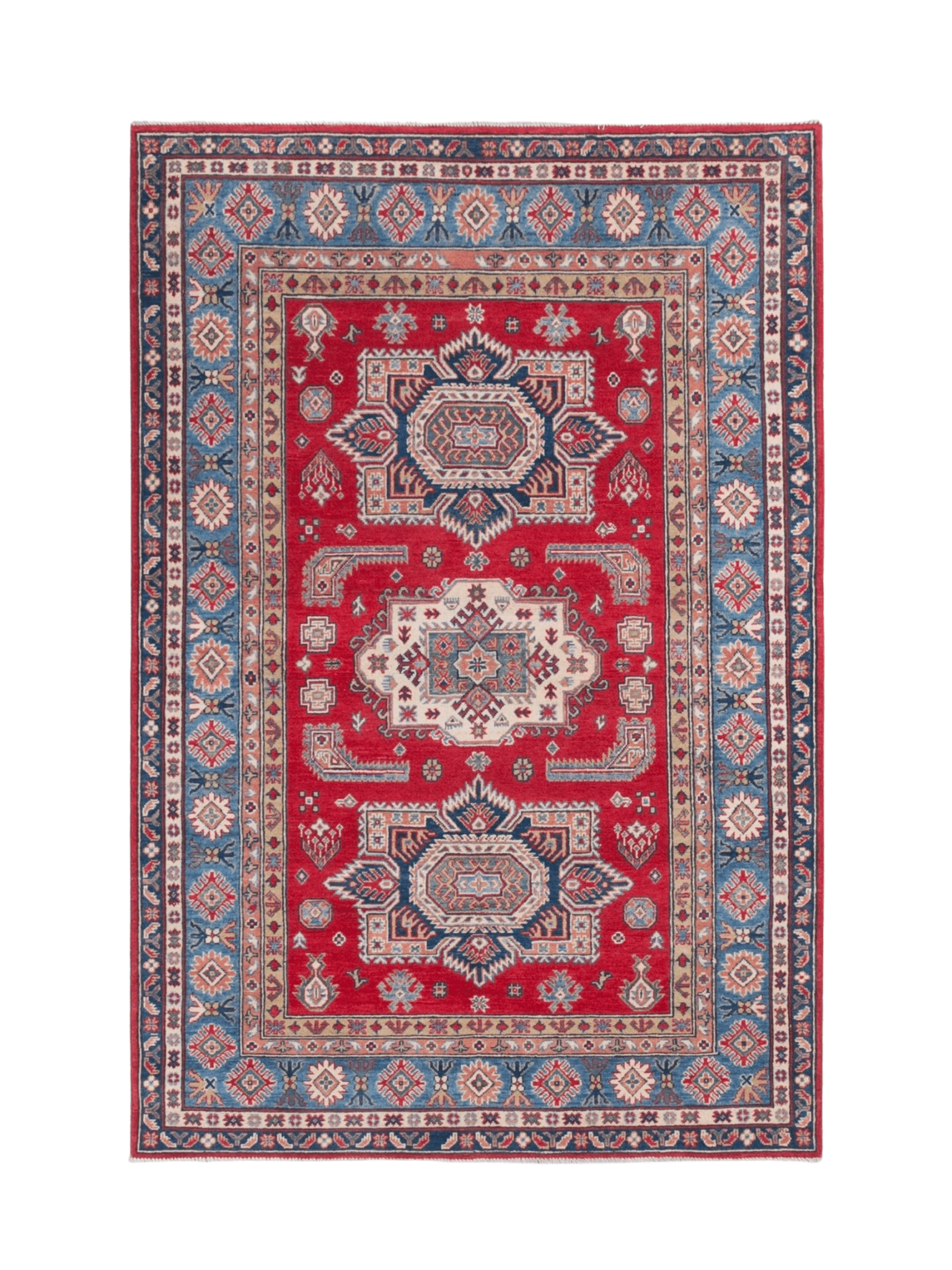Full front view of red & blue Kazak-inspired wool rug 21613.