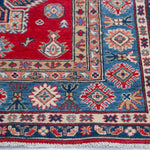 Border and edge detail of red & blue Kazak-inspired wool rug 21613.