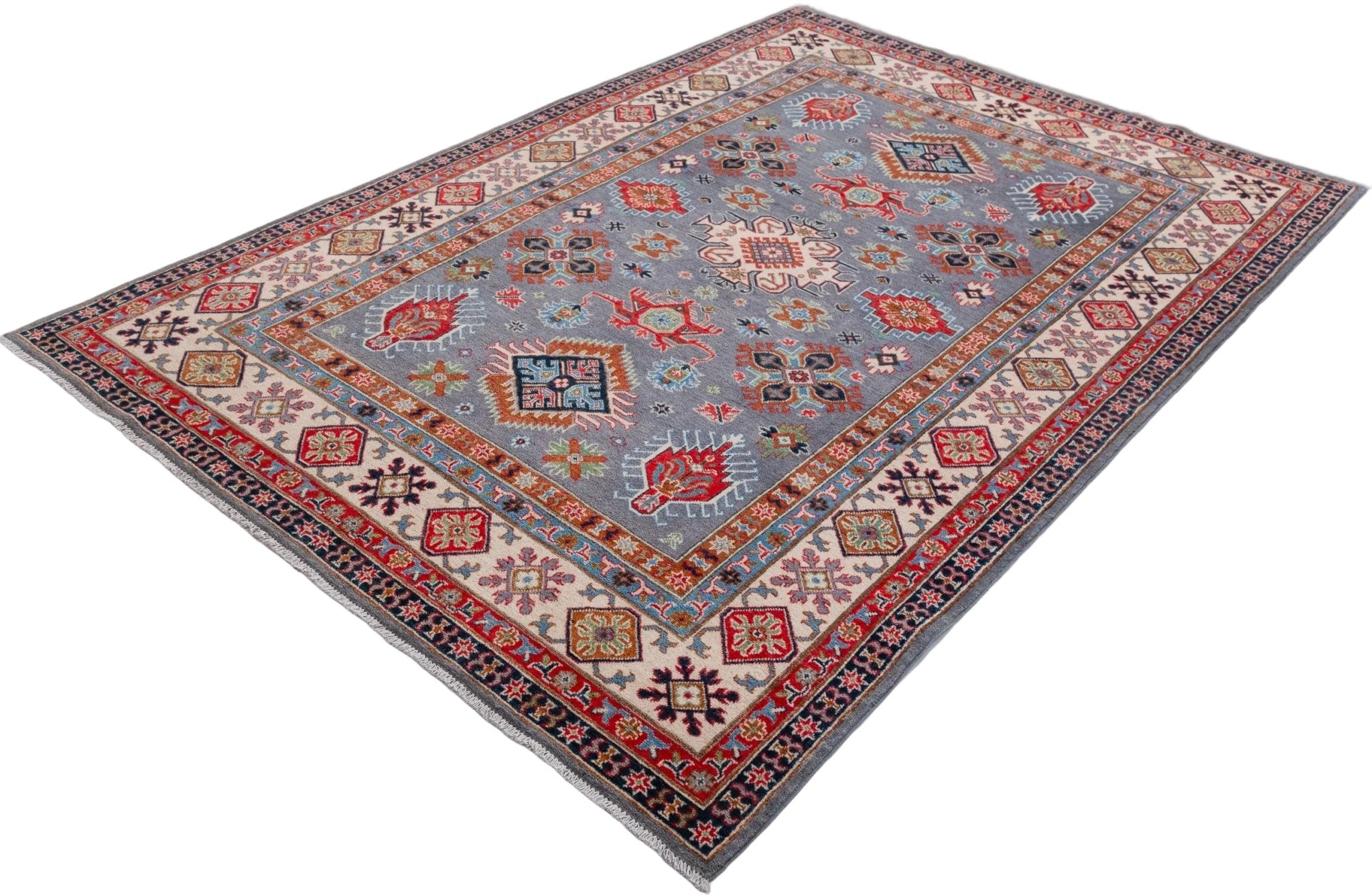 Full view at an angle of blue & red Kazak-inspired wool rug 29339.